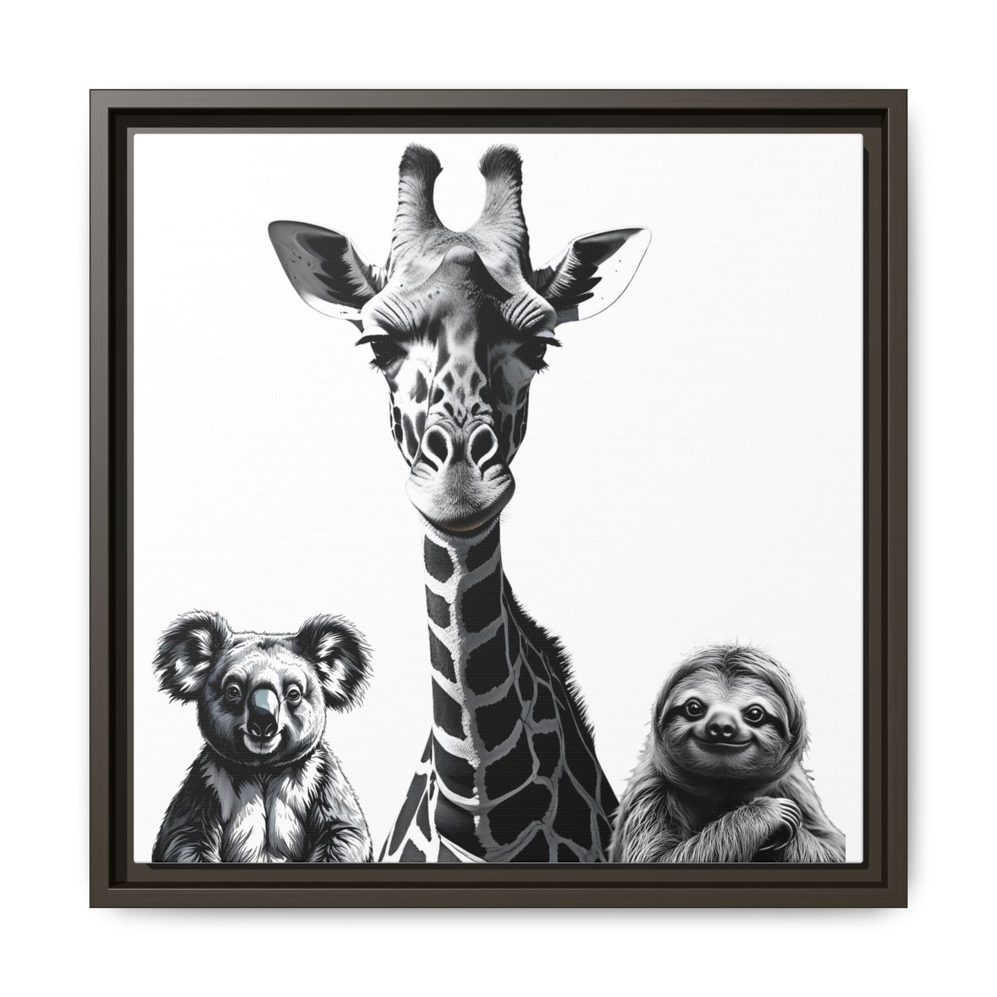 Framed artwork with a giraffe, koala, and sloth on a white background