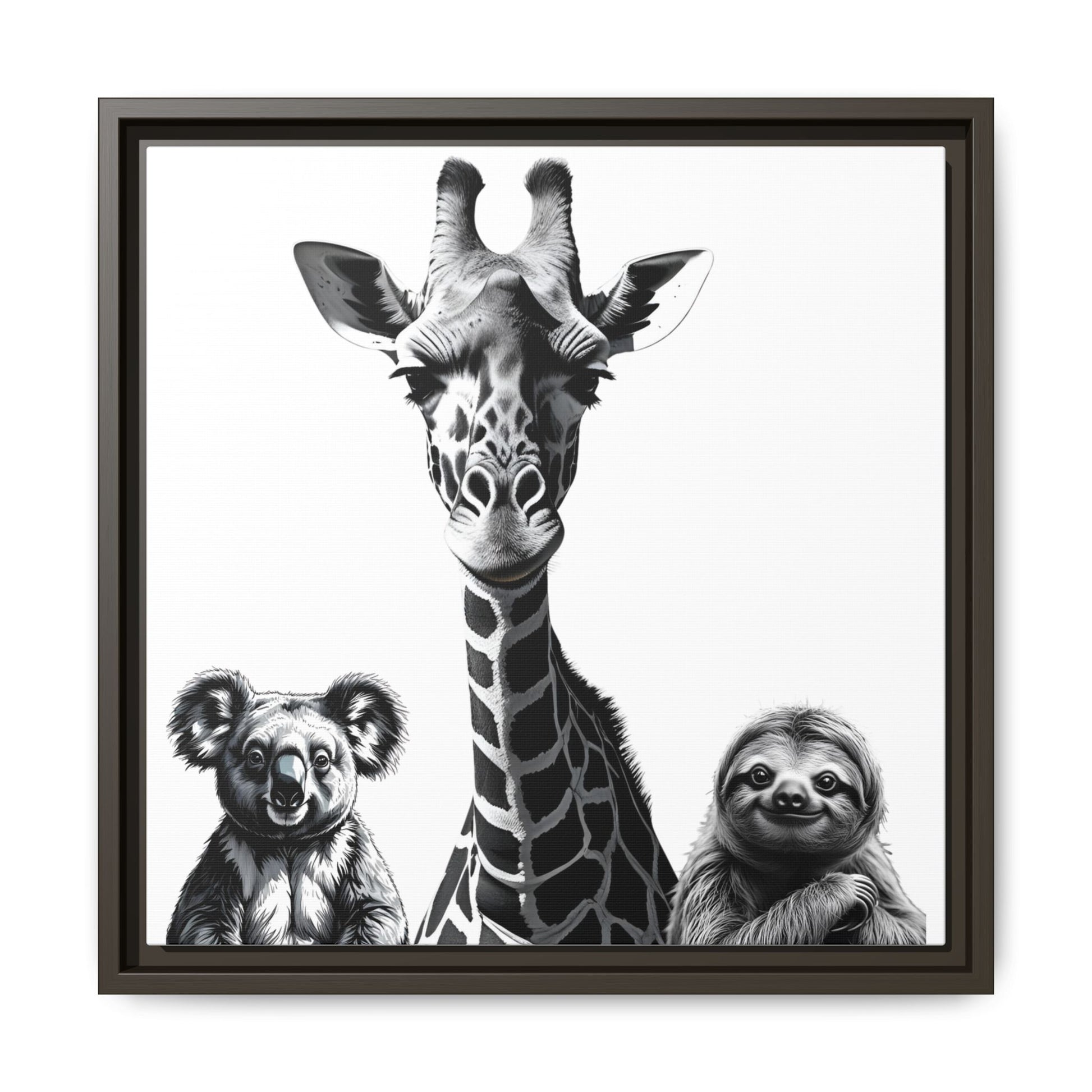 Framed artwork with a giraffe, koala, and sloth on a white background