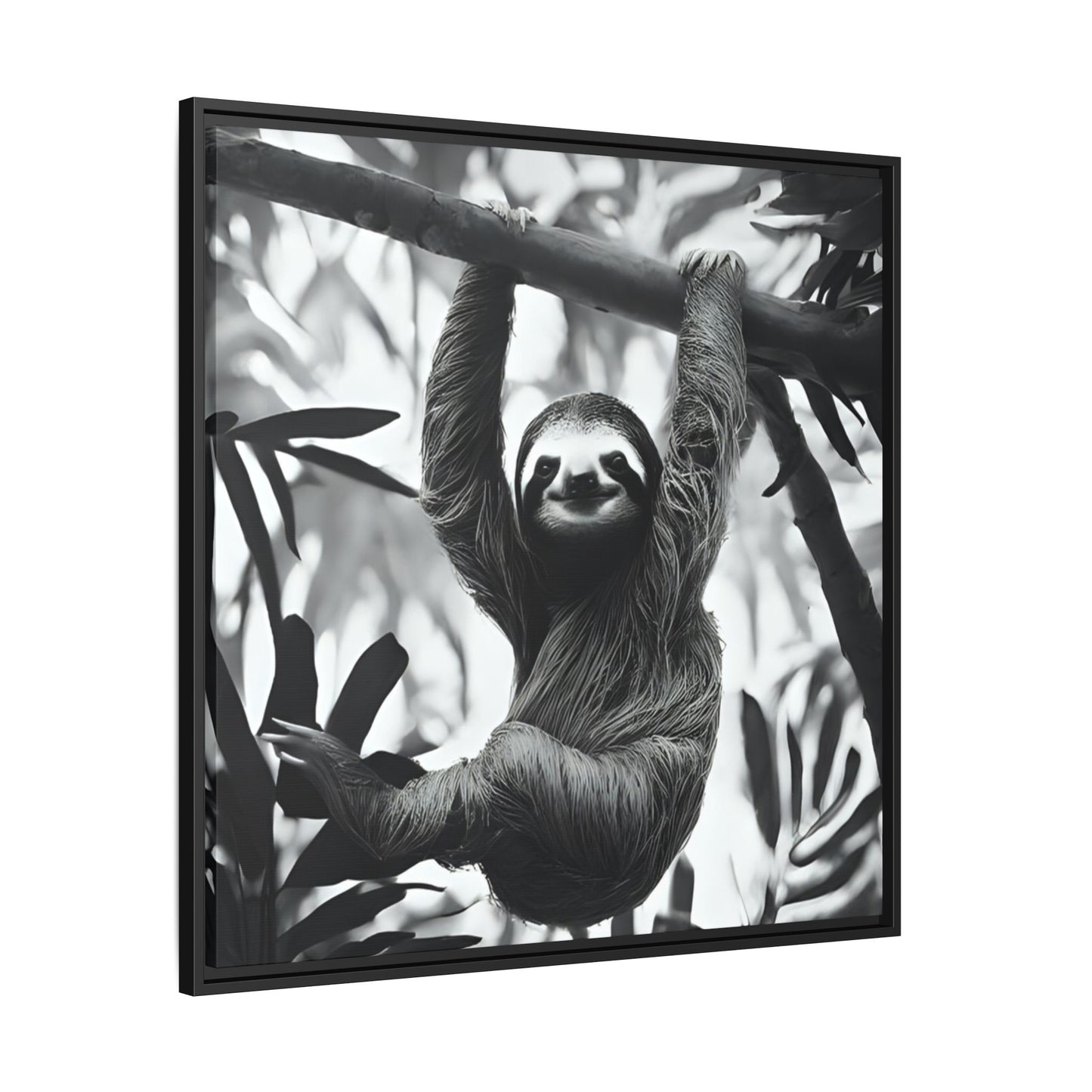 Playful Sloth Hanging from Tree Branch Black & White Animal Wall Art, Cute Sloth Photography Print, Jungle Theme Home Deco