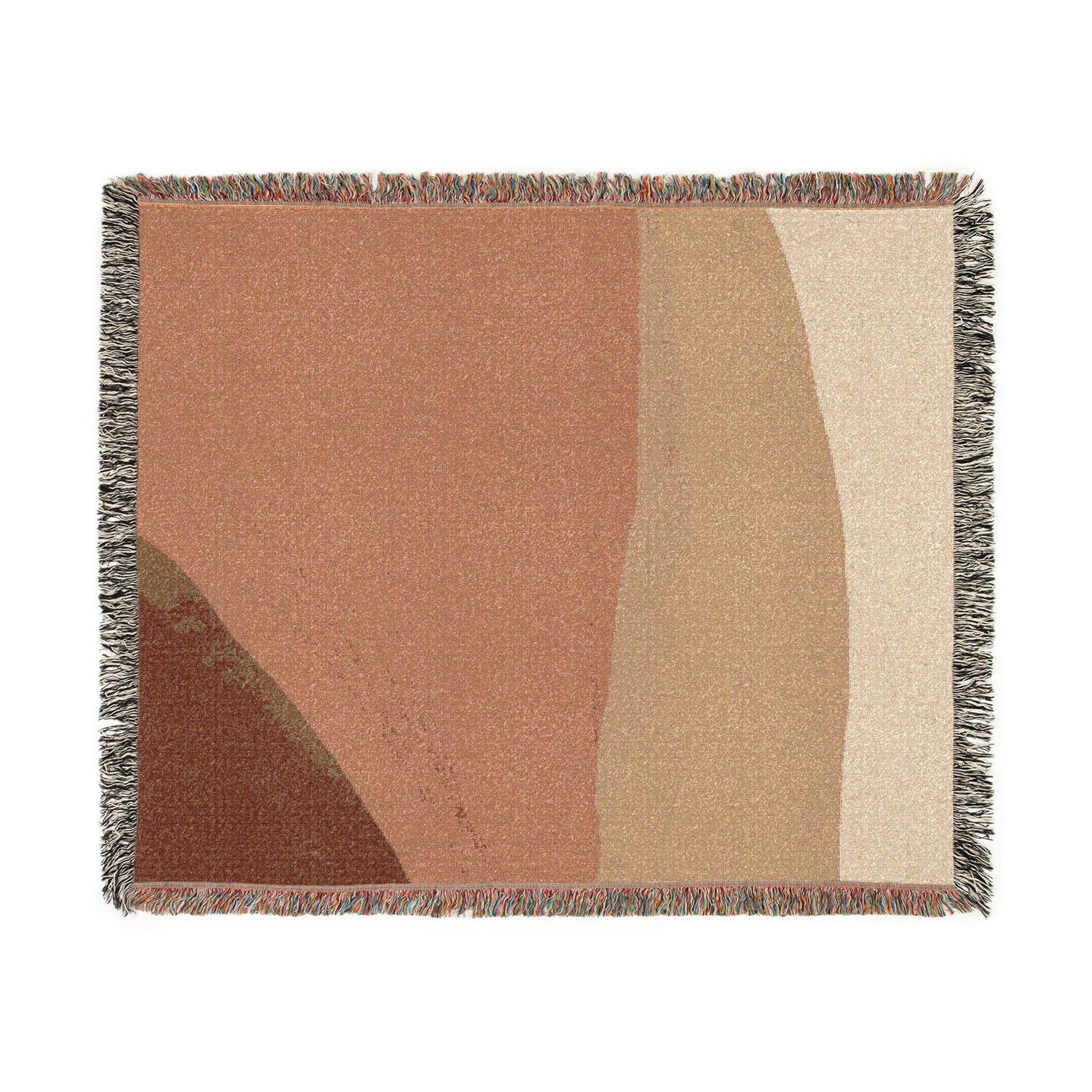 Woven blanket with abstract design in earthy tones on a white background