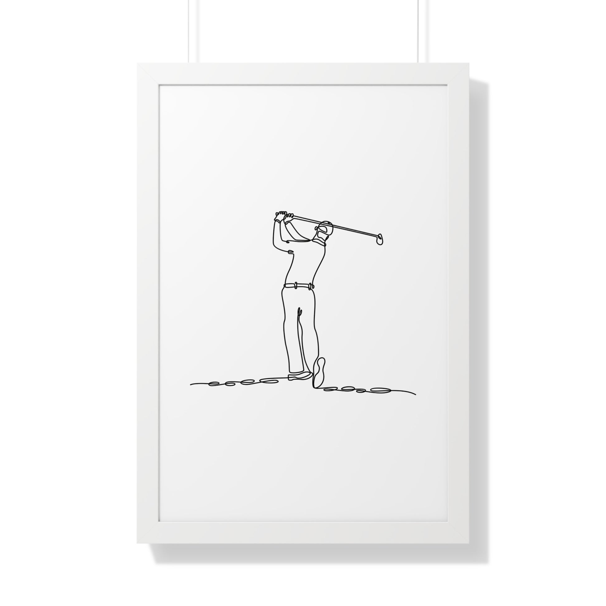 Framed line drawing of a golfer on a white background