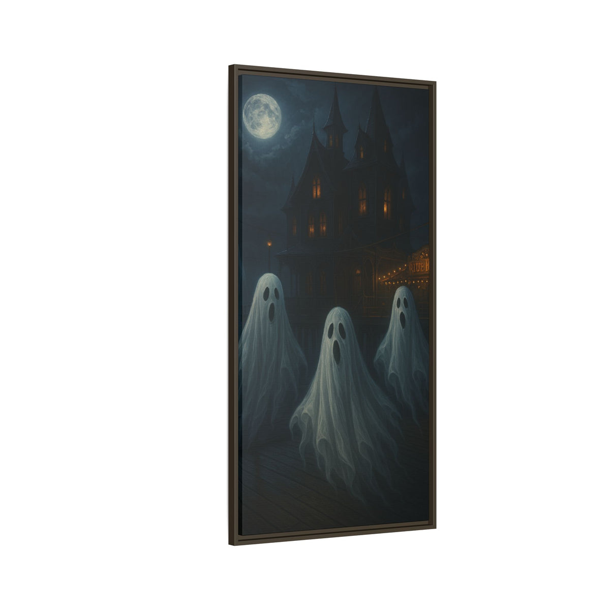 Haunted House Ghost Canvas Wall Art – Spooky Halloween Framed Art, Vintage Horror Decor, Gothic Night Scene Print