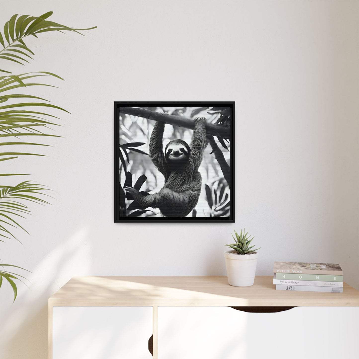 Playful Sloth Hanging from Tree Branch Black & White Animal Wall Art, Cute Sloth Photography Print, Jungle Theme Home Deco
