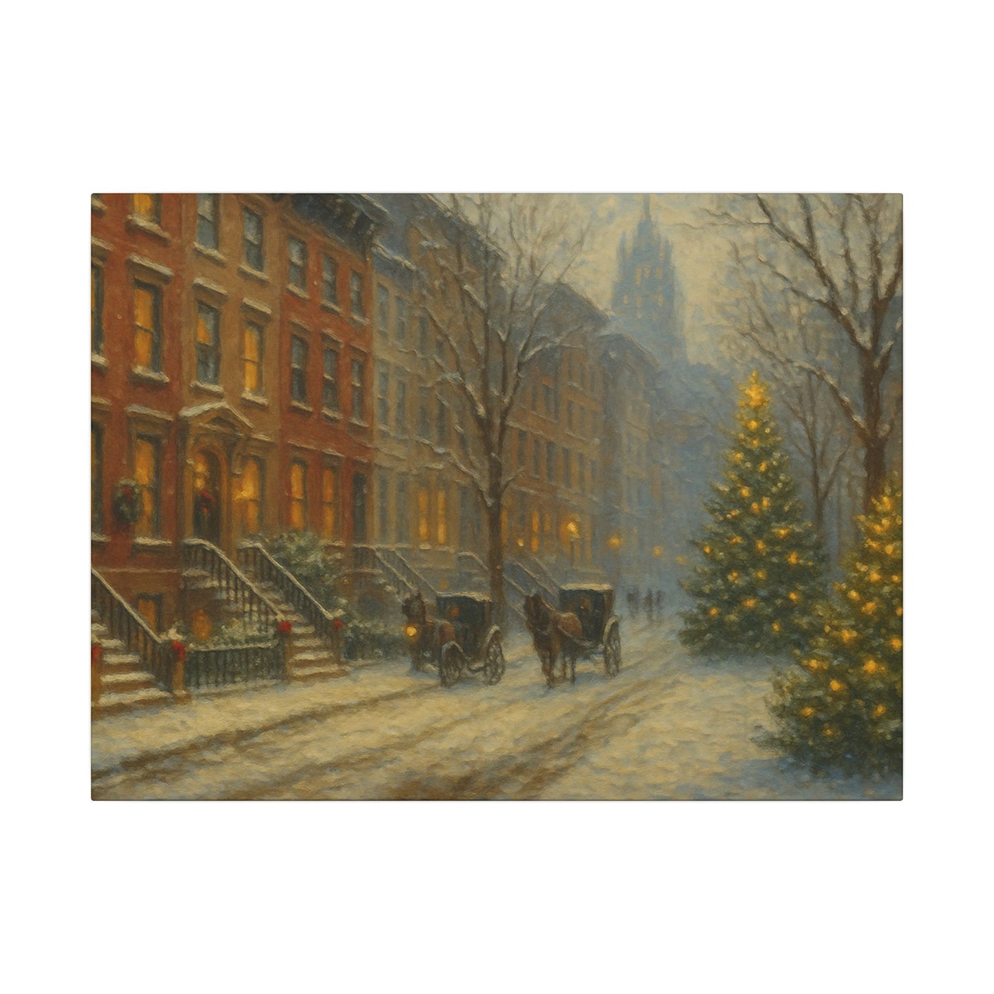 Painting of a snowy street scene with horse-drawn carriages and a Christmas tree.
