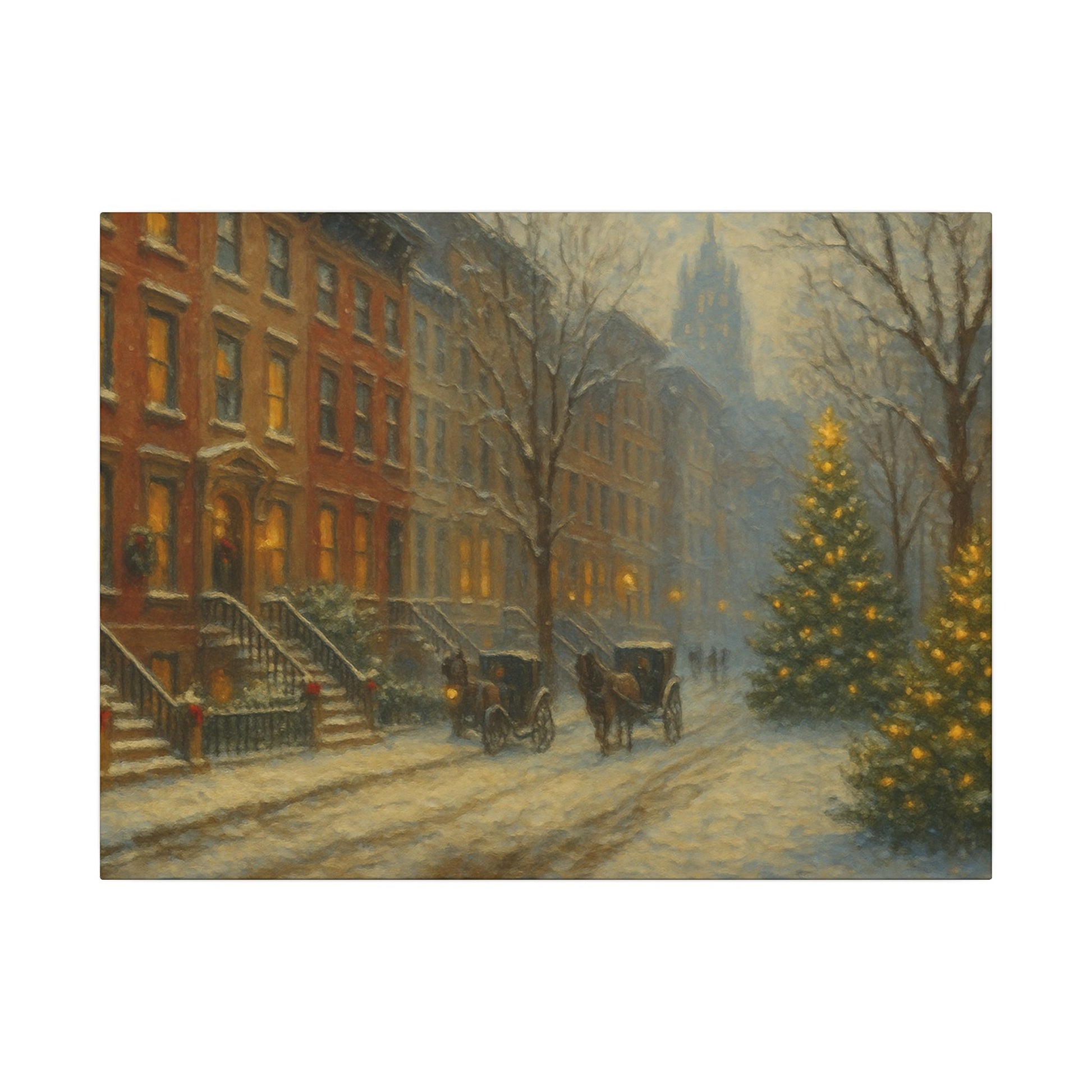 Painting of a snowy street scene with horse-drawn carriages and a Christmas tree.