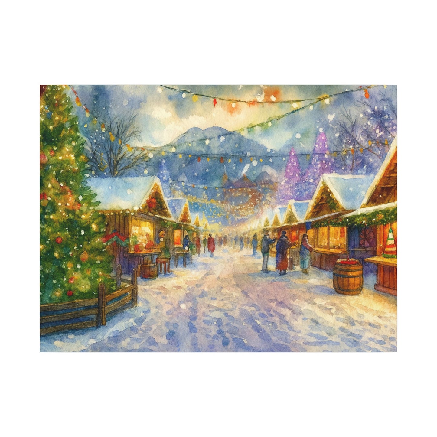 Winter village scene with snow-covered houses and people walking, illuminated by string lights.