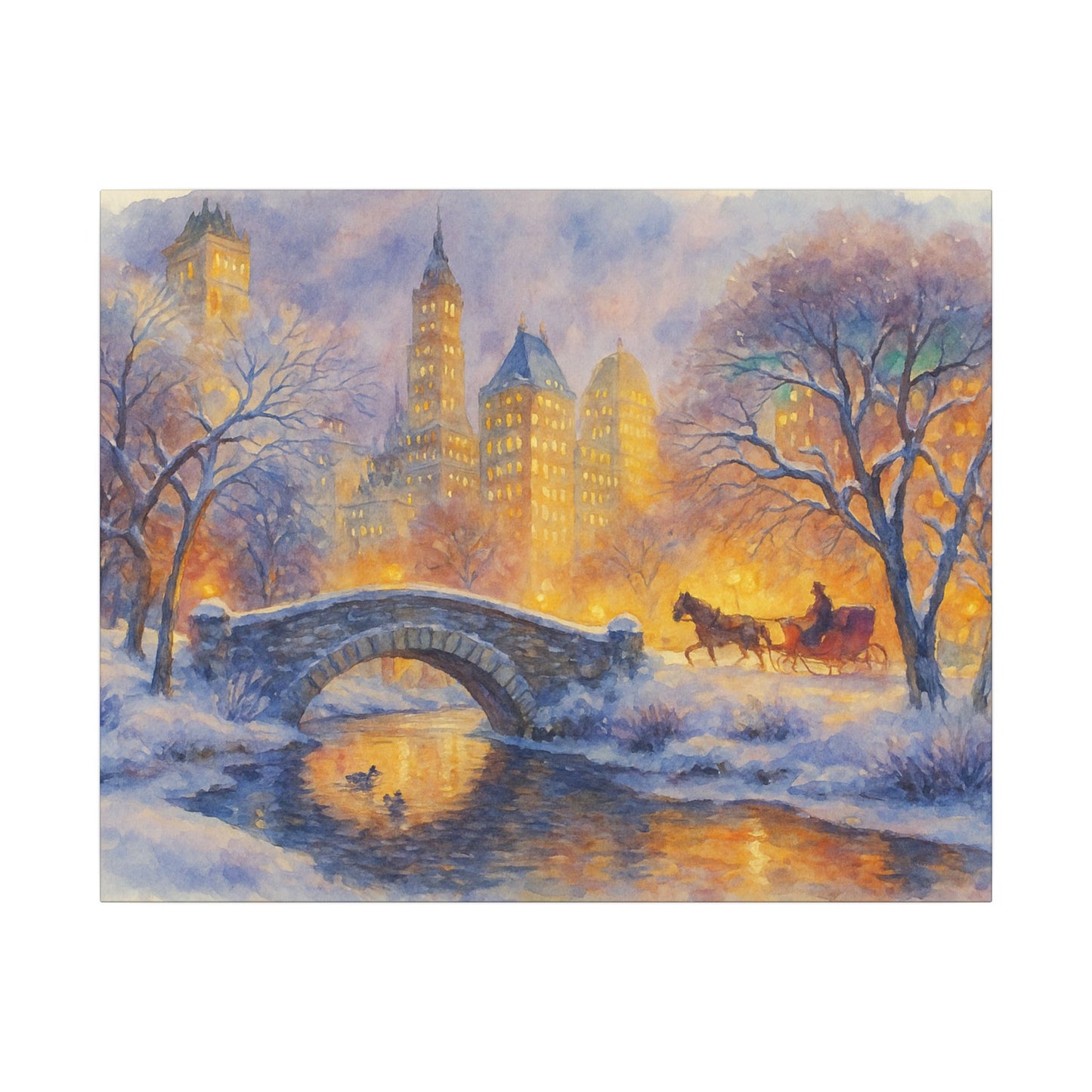 Winter scene with a bridge, trees, and a horse-drawn carriage in a cityscape.