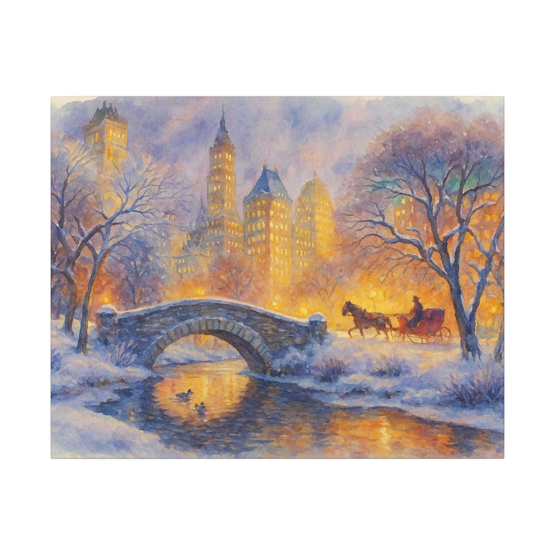 Winter scene with a bridge, trees, and a horse-drawn carriage in a cityscape.