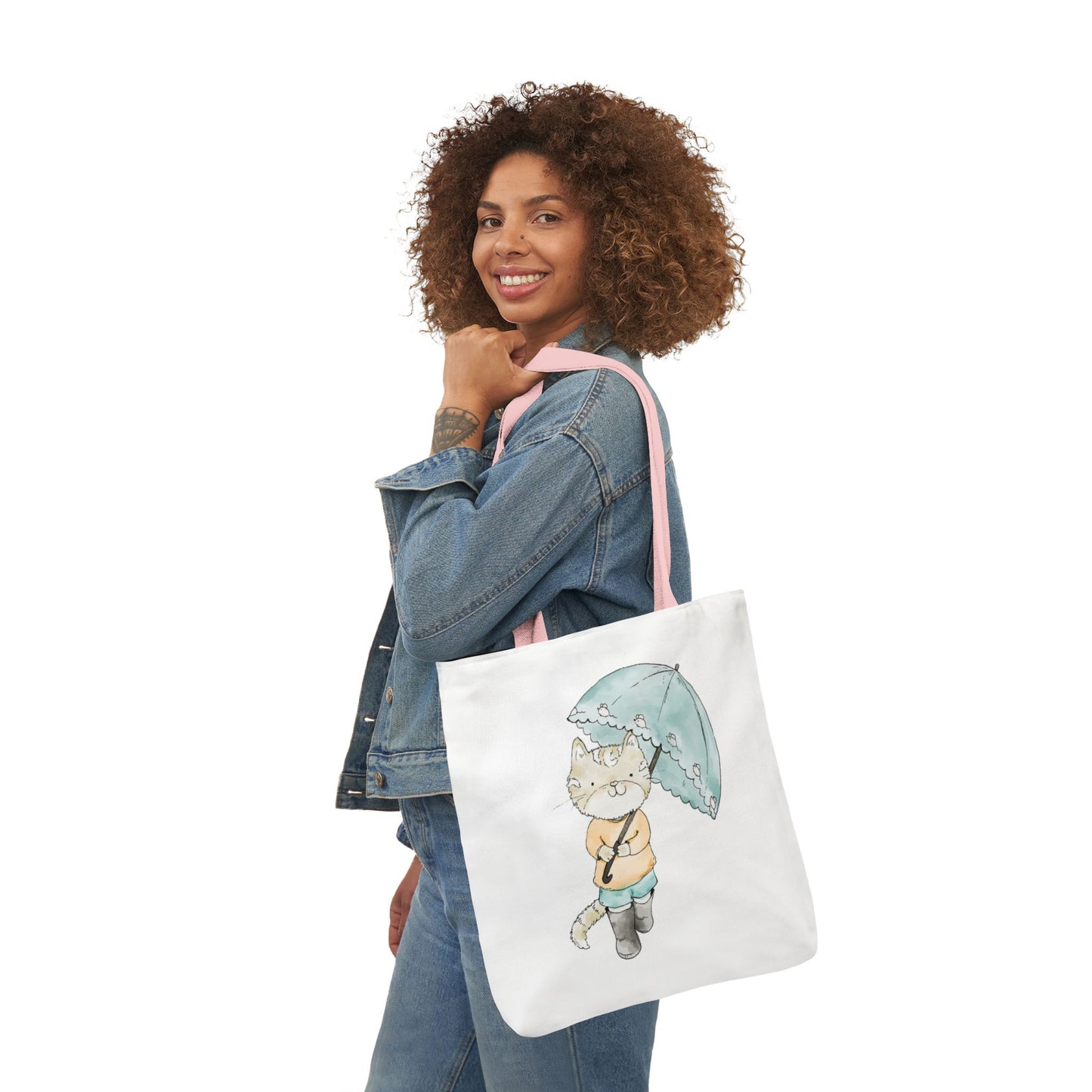 Cat Lover Tote Bag Cute Kitty with Umbrella Rain Boots Cat Lover Eco Tote Bag