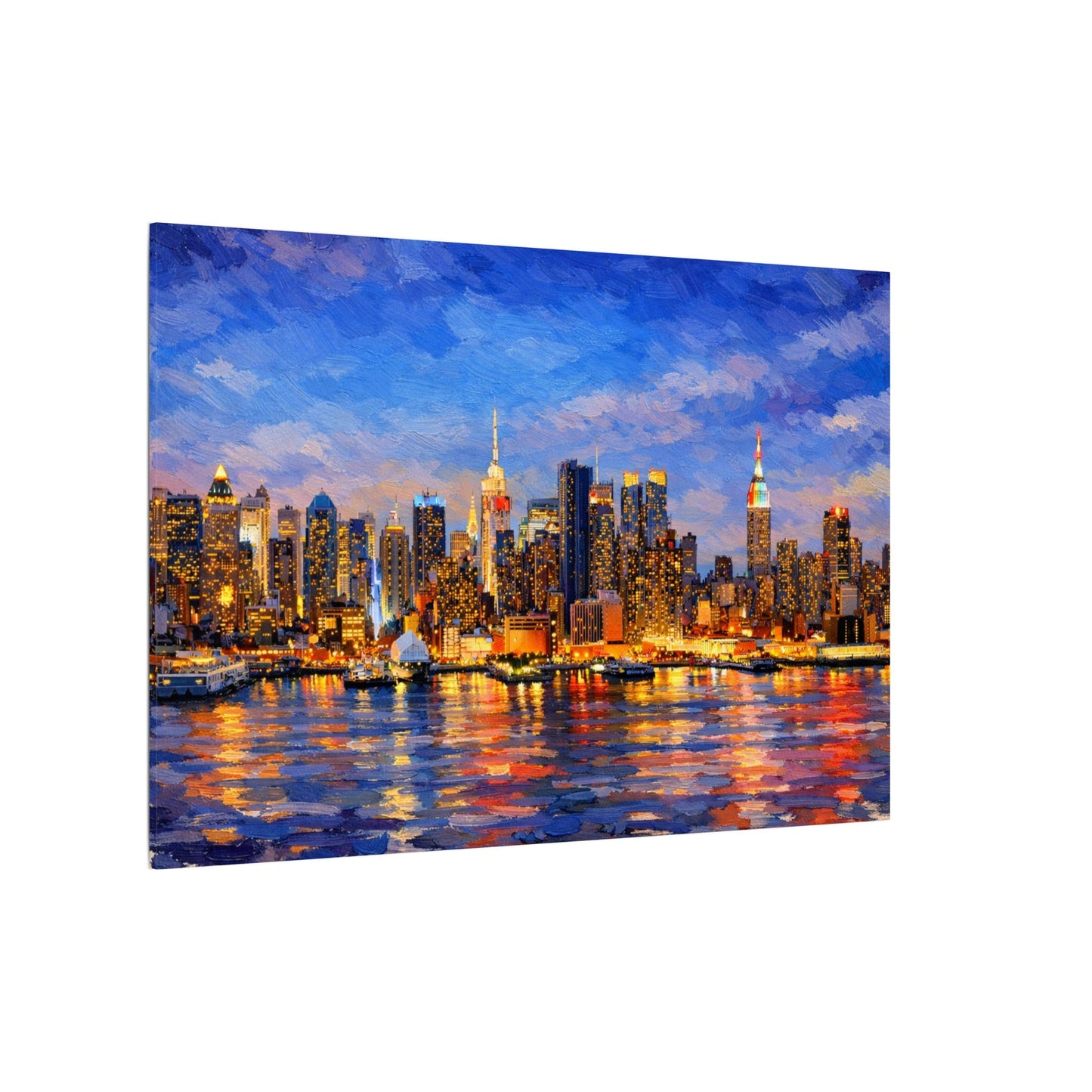 New York City Skyline Canvas Wall Art – Night Waterfront Impasto Cityscape Painting