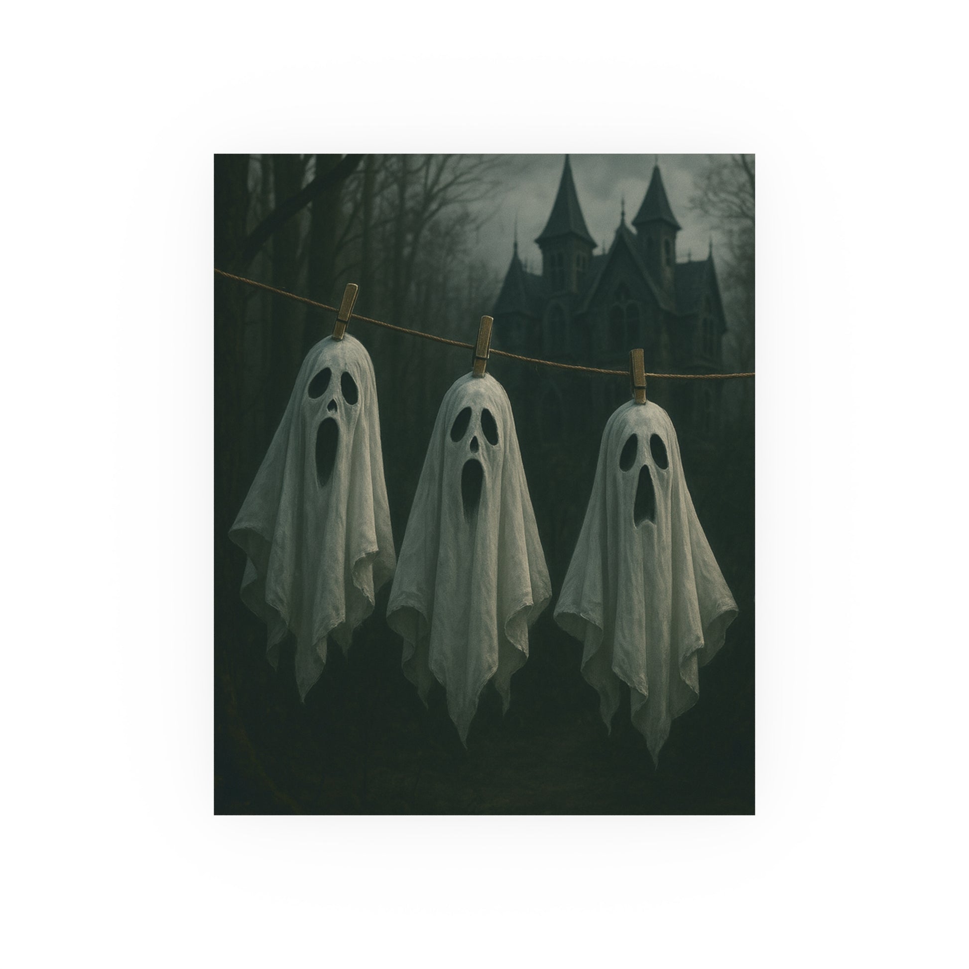 Three ghost-shaped cloths hanging on a line with a spooky castle in the background.