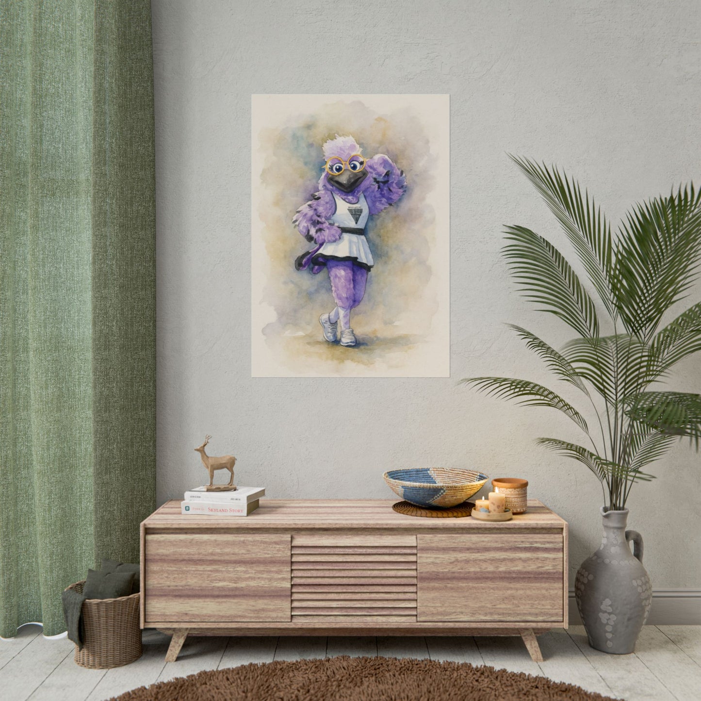 Room interior with a wooden cabinet, decorative items, and a wall art of a character in a purple outfit.