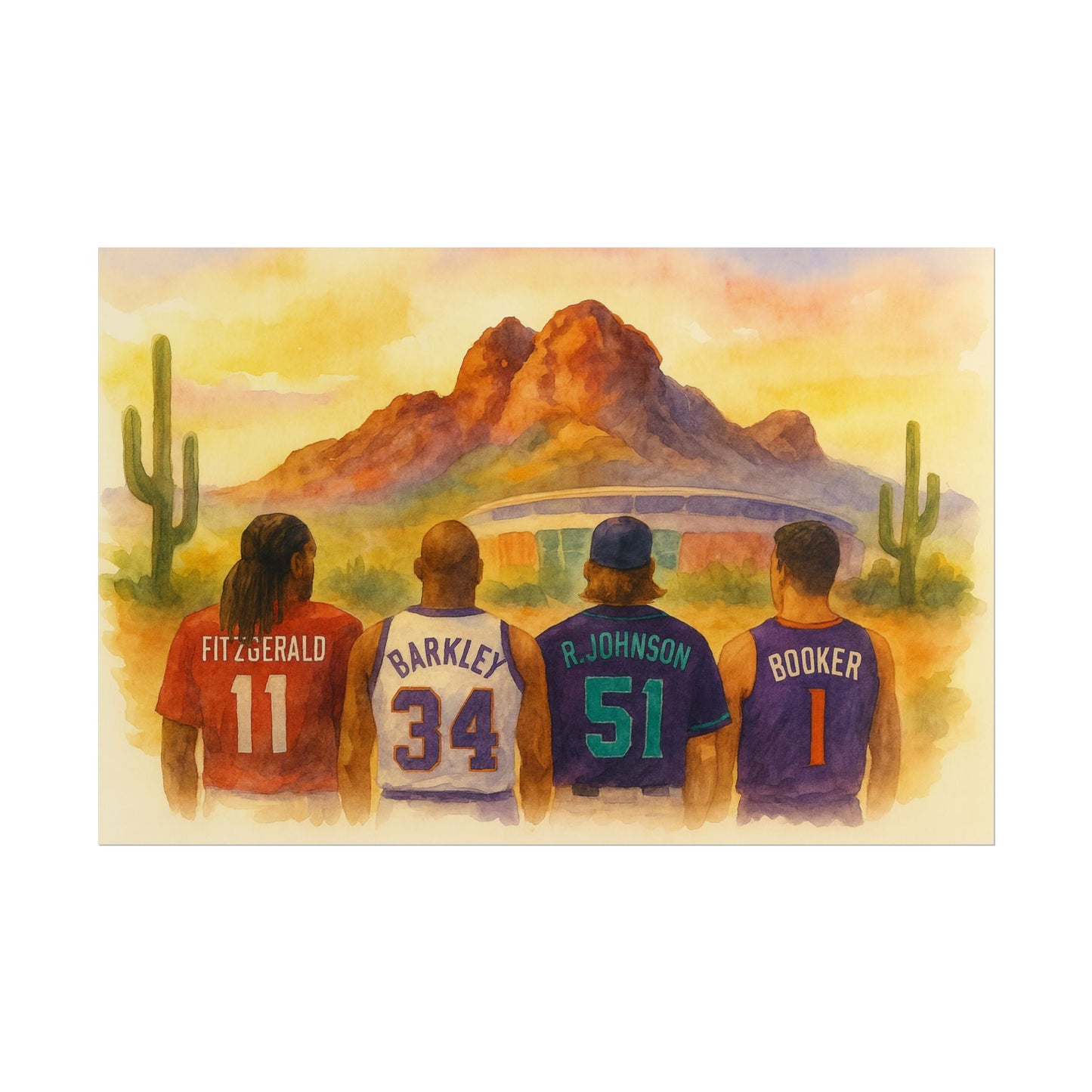 Phoenix sports legends wearing sports jerseys with names and numbers, set against a desert landscape with mountains.