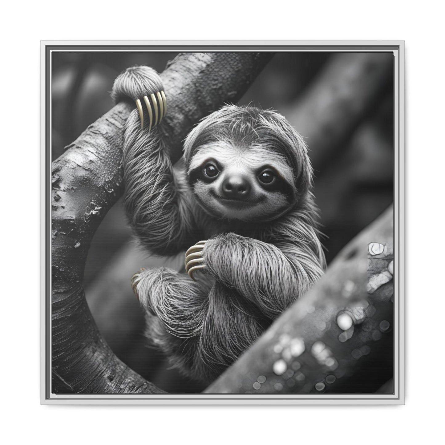 Smiling Sloth Hanging on Tree Branch Wall Art on Framed Canvas, Sloth Lover Gift, Nursery Decor, Wildlife Artwork