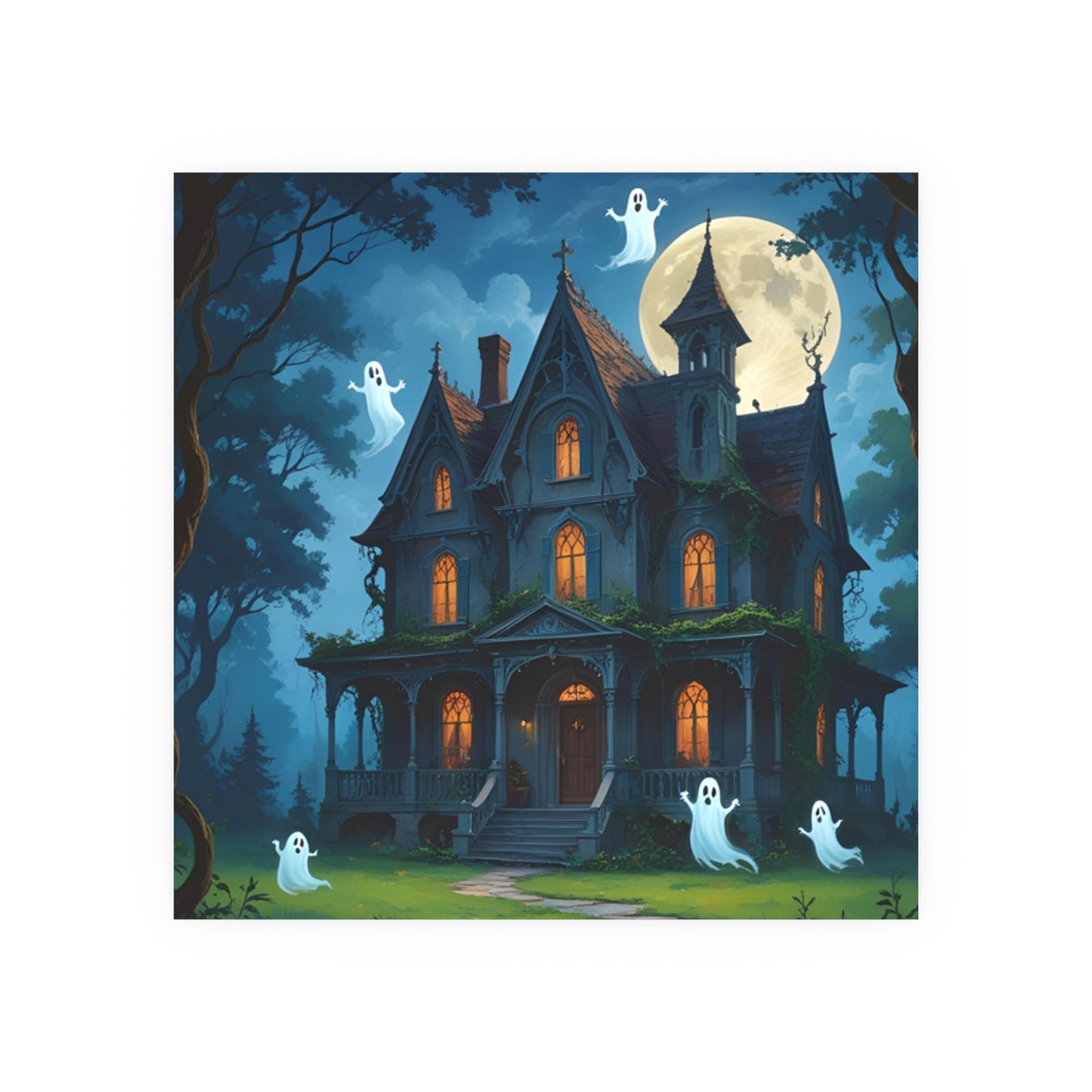 Haunted House Ghosts Poster — Friendly Ghosts Floating Around a Haunted House