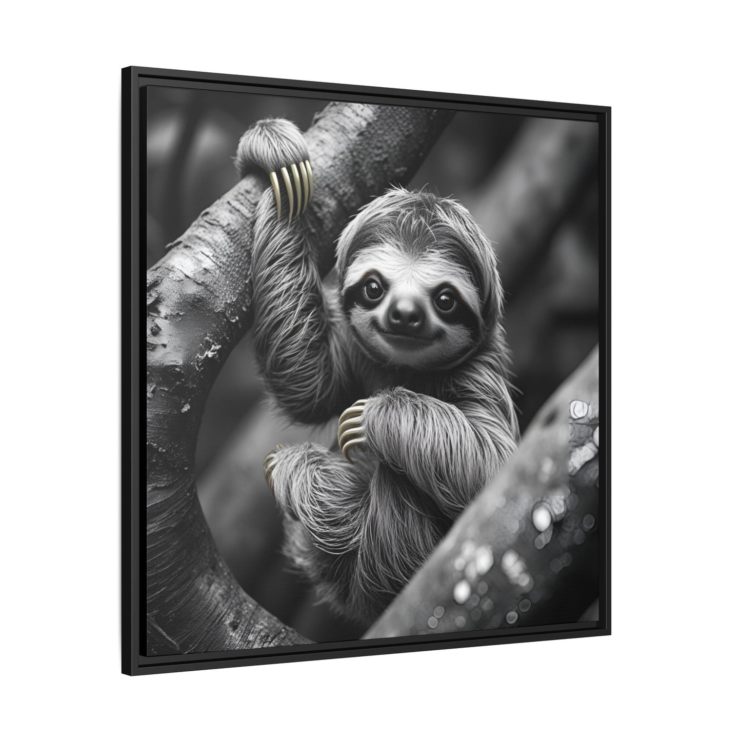 Smiling Sloth Hanging on Tree Branch Wall Art on Framed Canvas, Sloth Lover Gift, Nursery Decor, Wildlife Artwork