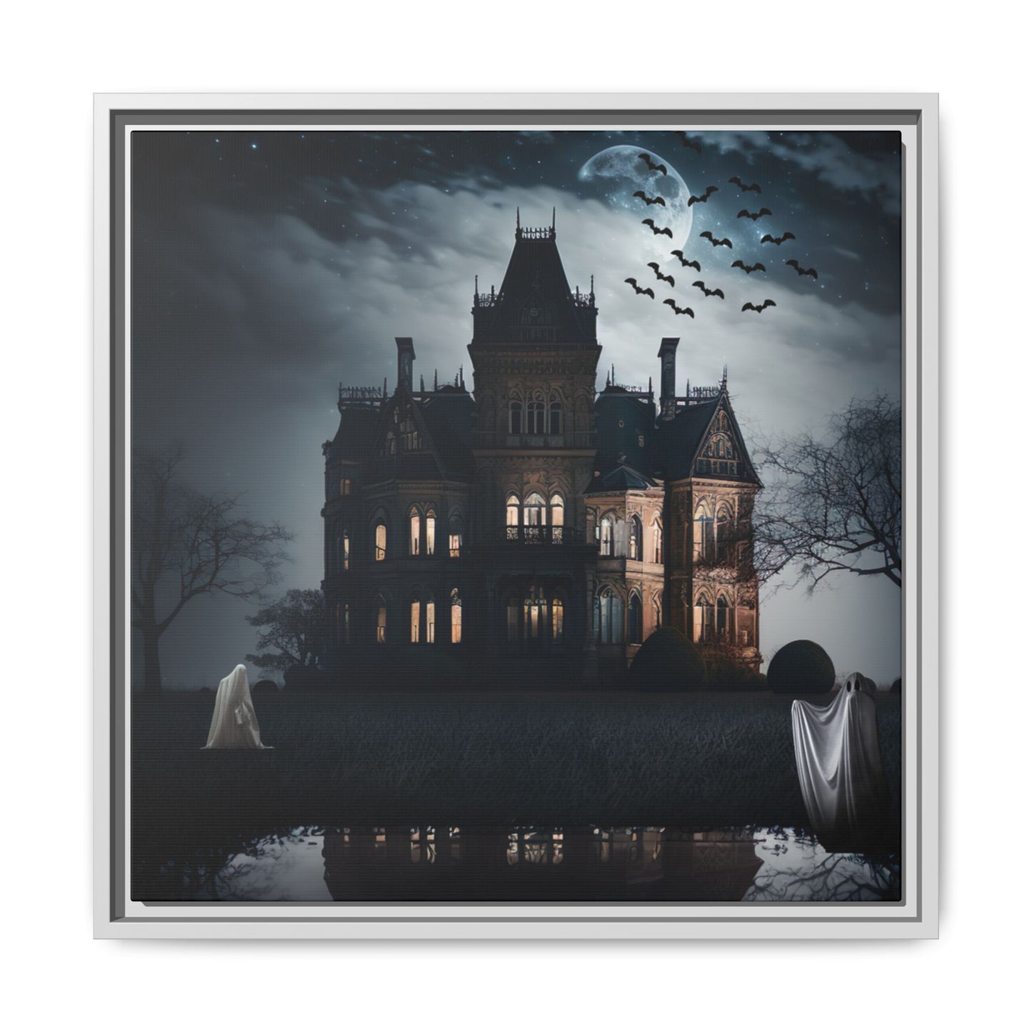 Mansion at night with ghosts and bats, framed artwork