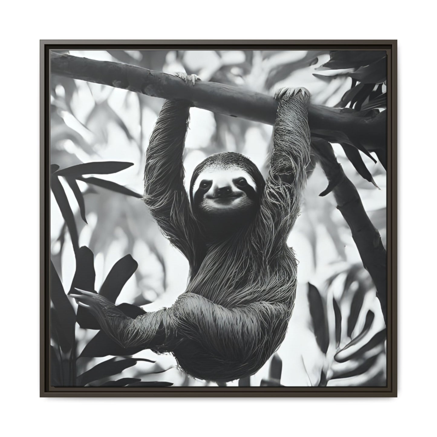 Playful Sloth Hanging from Tree Branch Black & White Animal Wall Art, Cute Sloth Photography Print, Jungle Theme Home Deco