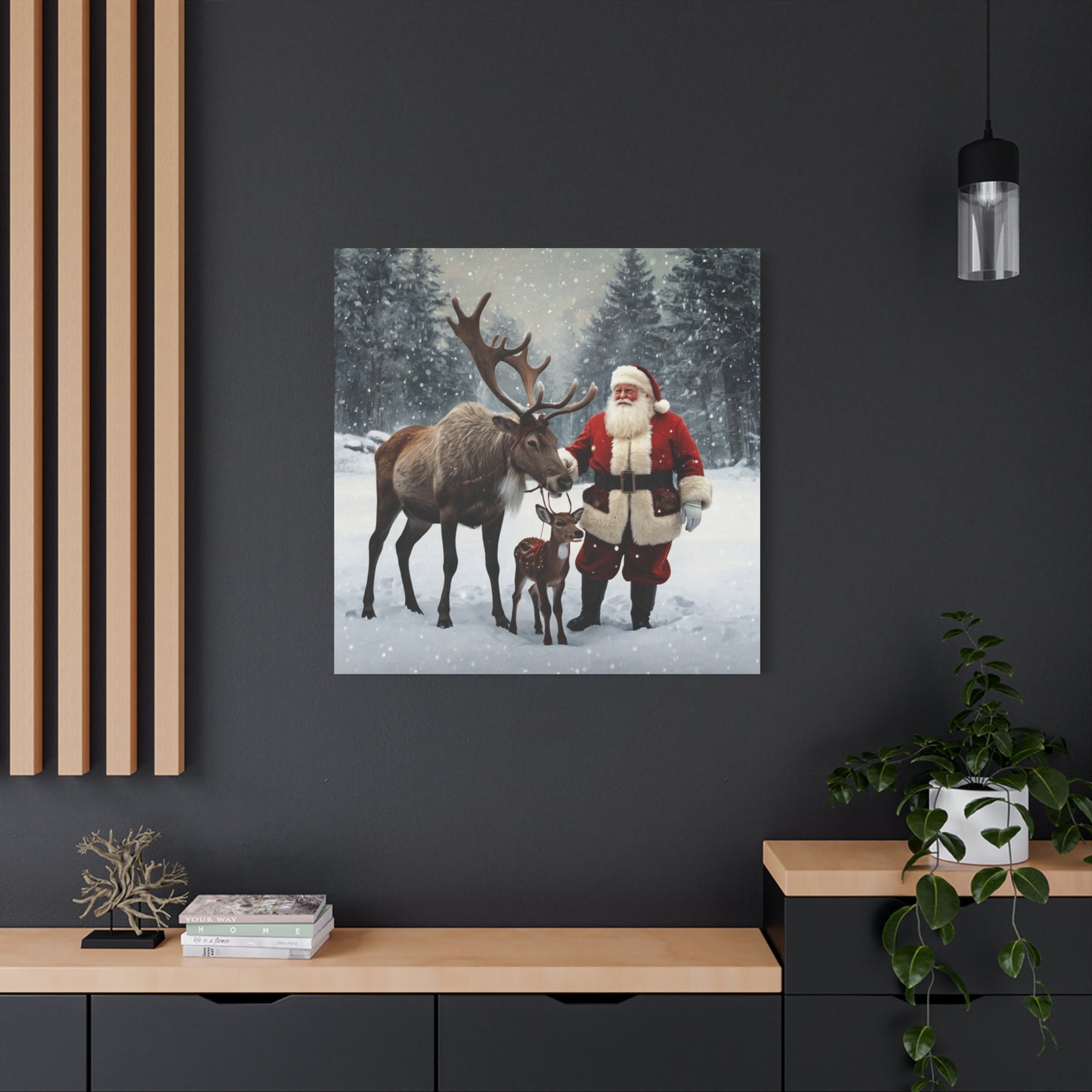 Santa with Reindeer Christmas Wall Art Canvas | Festive Holiday Home Decor