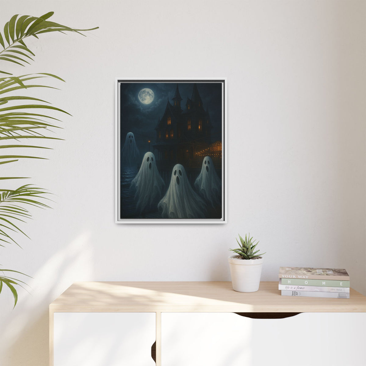 Haunted House Ghost Canvas Wall Art – Spooky Halloween Framed Art, Vintage Horror Decor, Gothic Night Scene Print