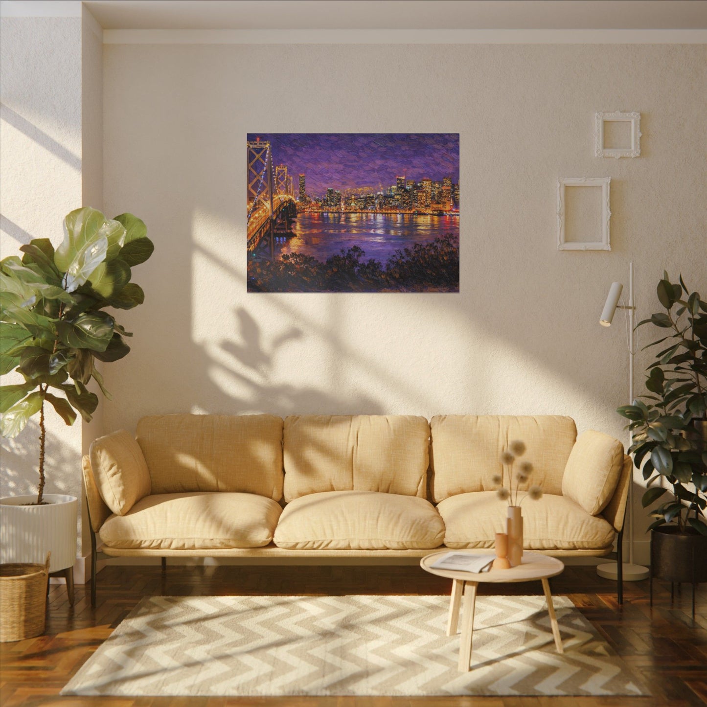 San Francisco Skyline Canvas Wall Art, Bay Bridge Night Painting, Impasto Style Artwork
