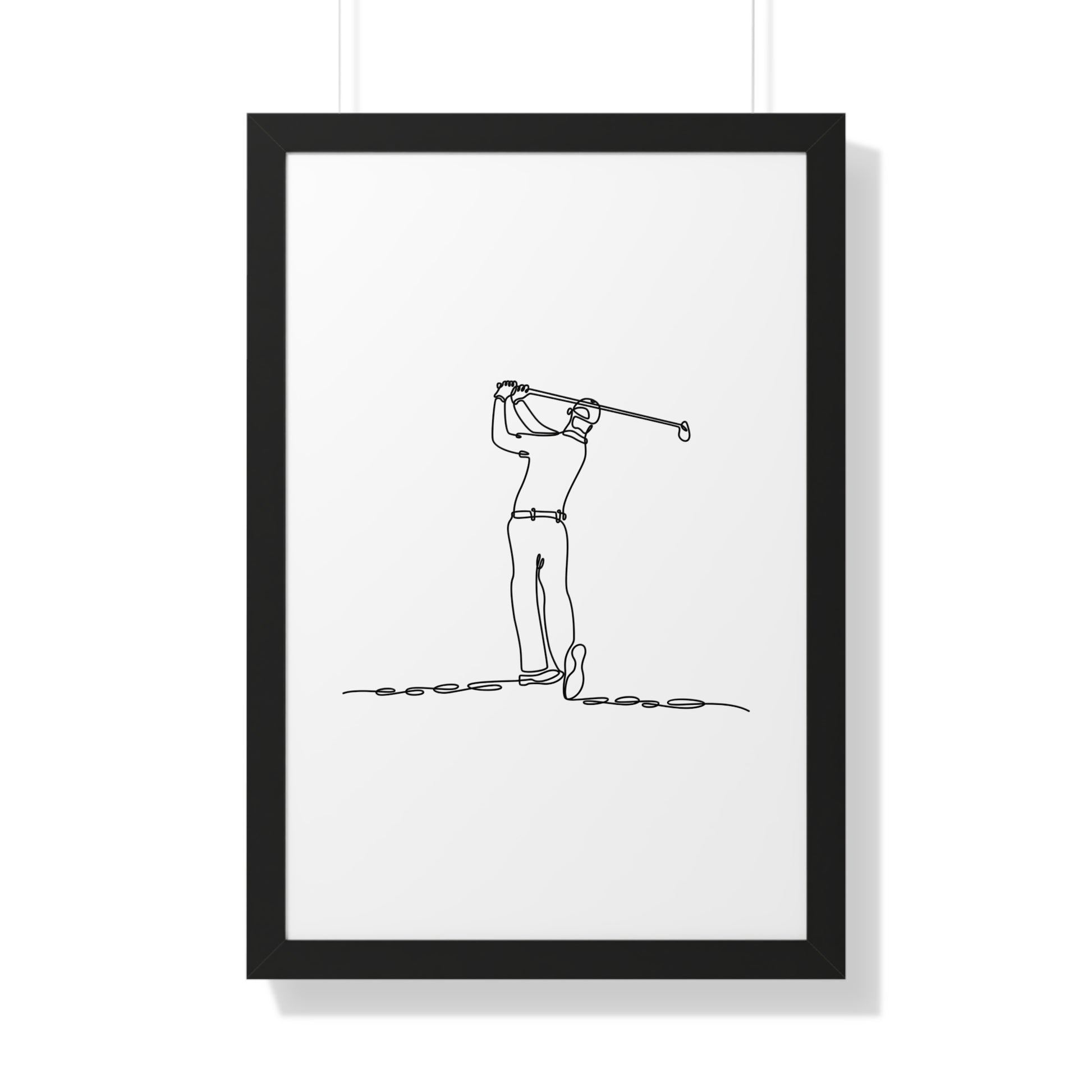 Framed line drawing of a golfer on a white background