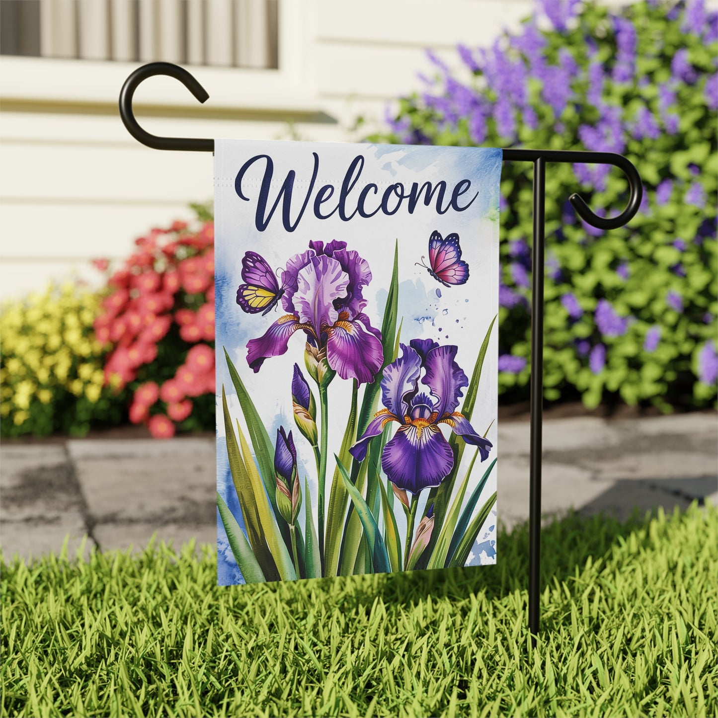 Welcome Iris Garden Flag with Butterflies | Purple Floral Yard Flag | Spring Garden Decor | Elegant Outdoor Welcome Flag