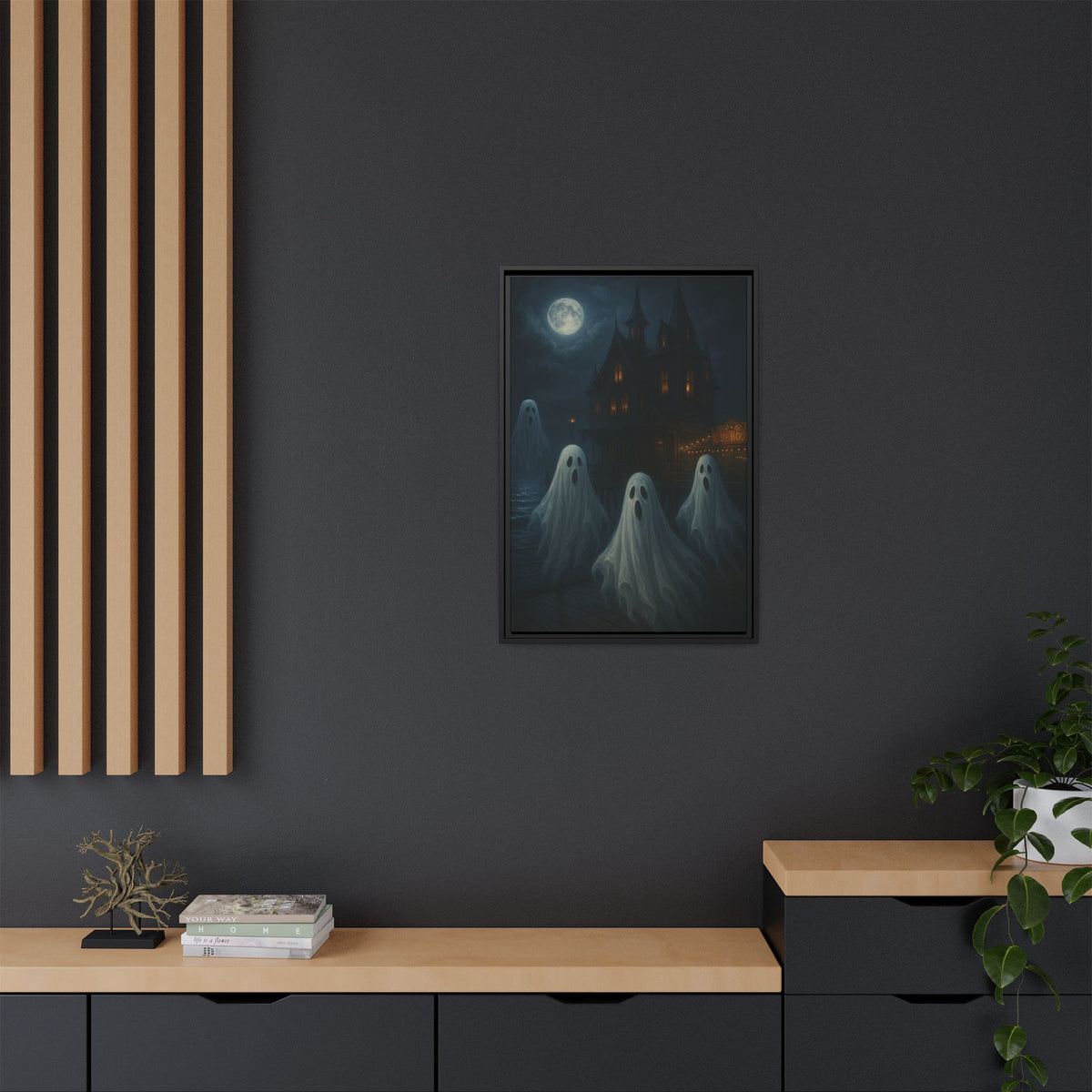 Haunted House Ghost Canvas Wall Art – Spooky Halloween Framed Art, Vintage Horror Decor, Gothic Night Scene Print