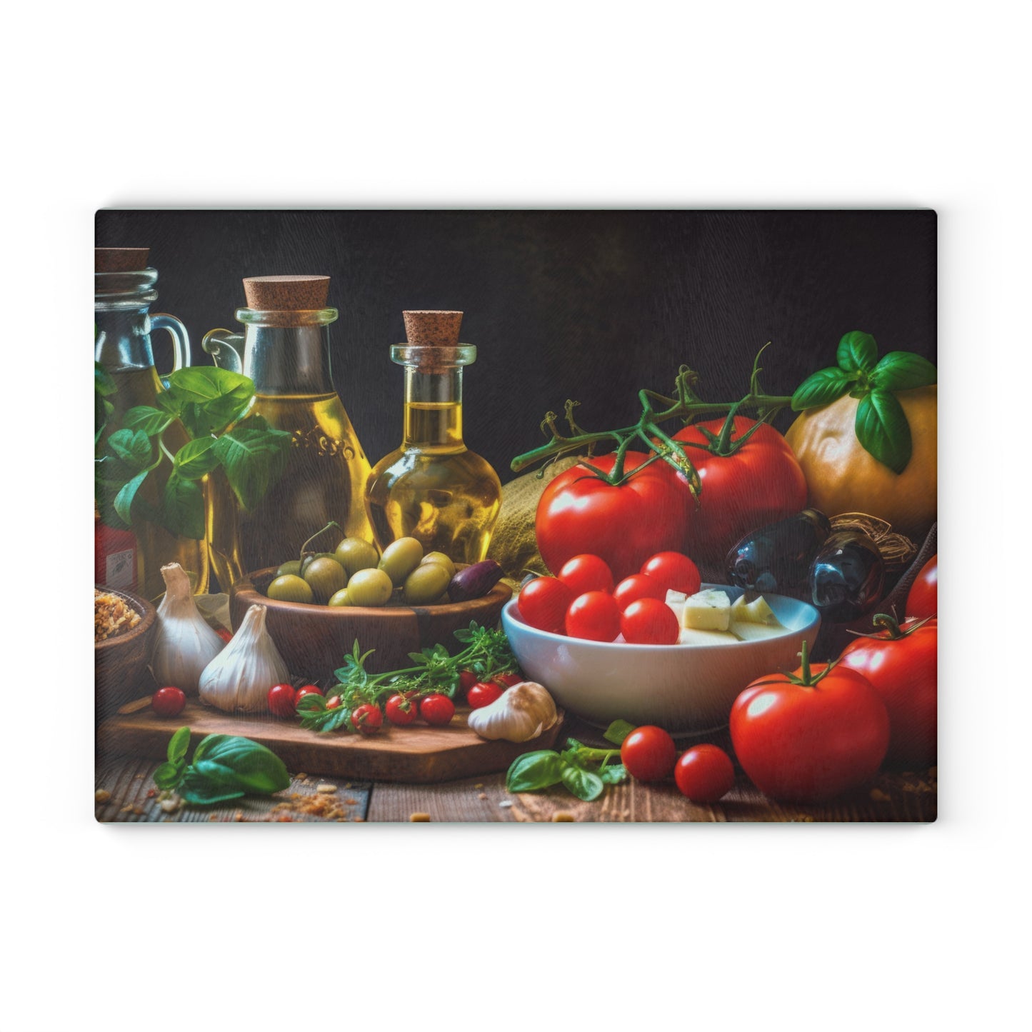 Framed artwork of a still life with tomatoes, olives, and herbs on a dark background