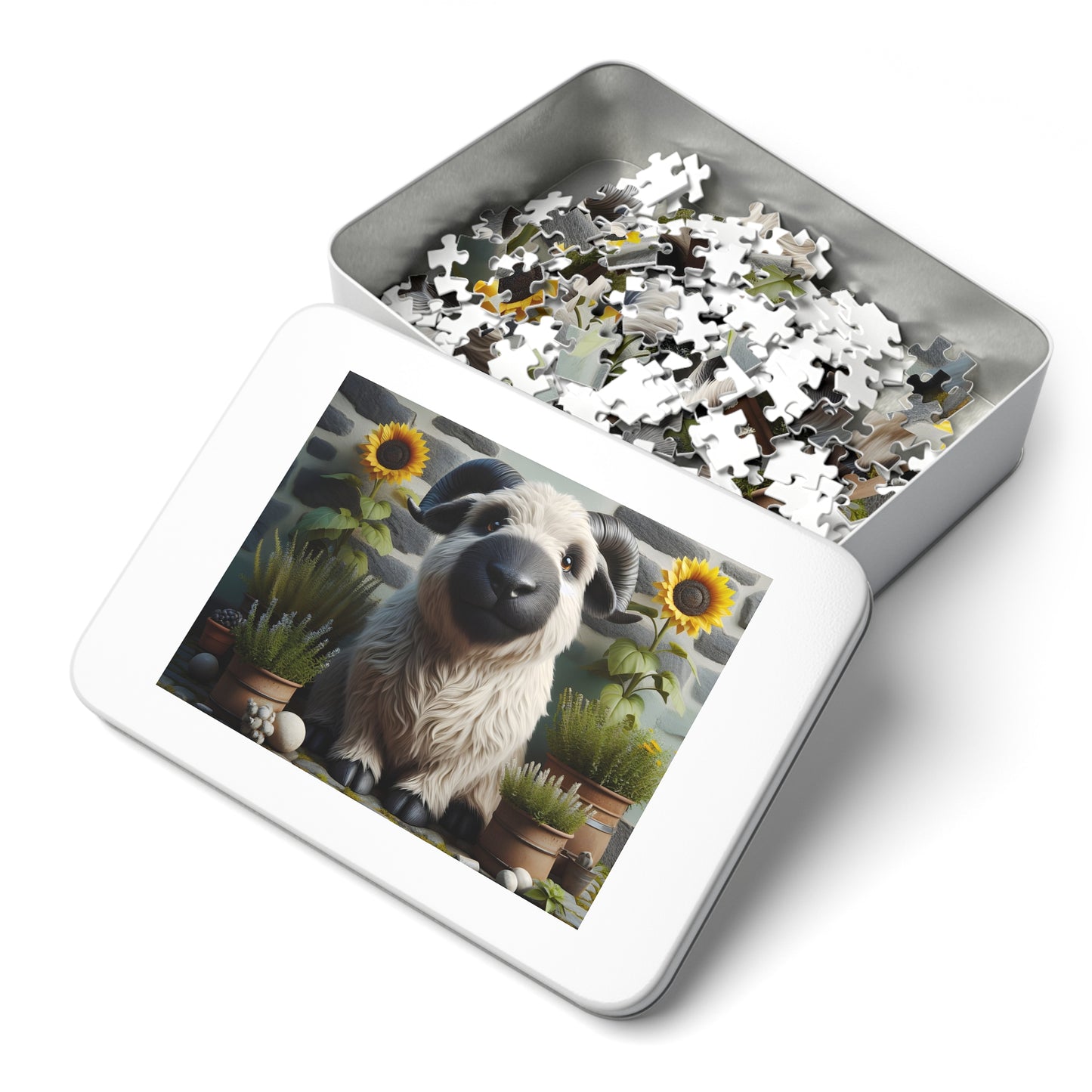 Jigsaw puzzle with a sloth and sunflower design in a tin box