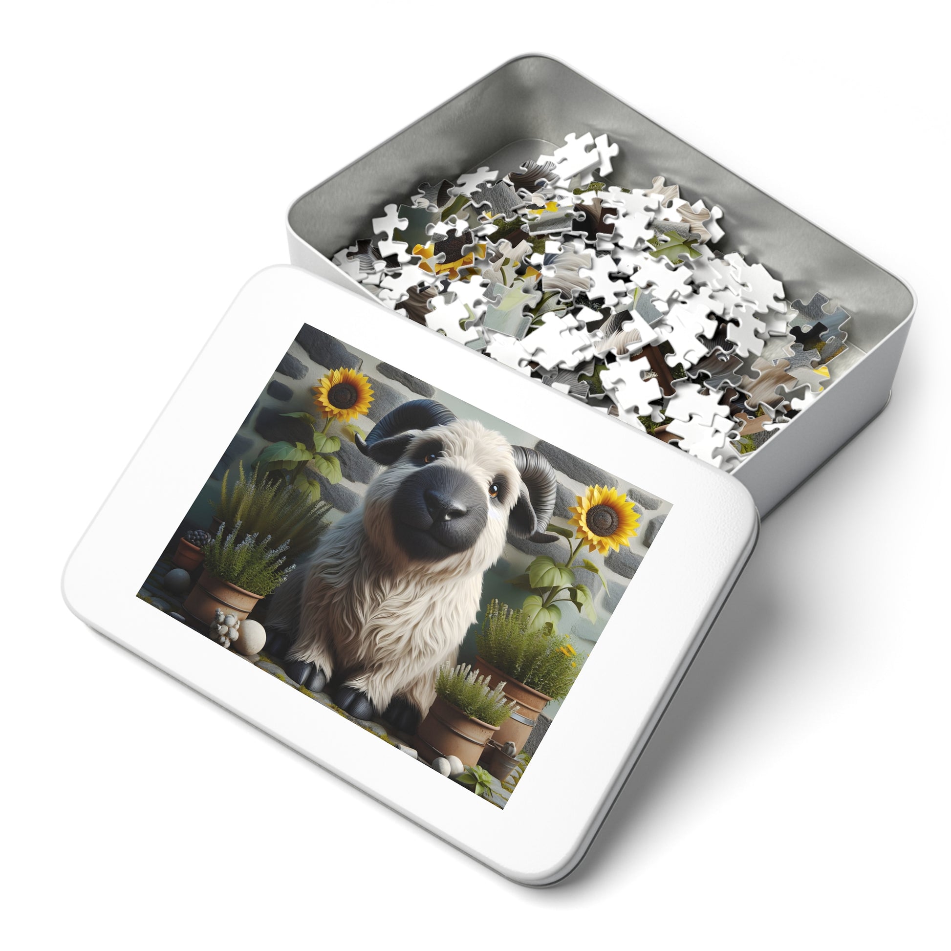 Jigsaw puzzle with a sloth and sunflower design in a tin box