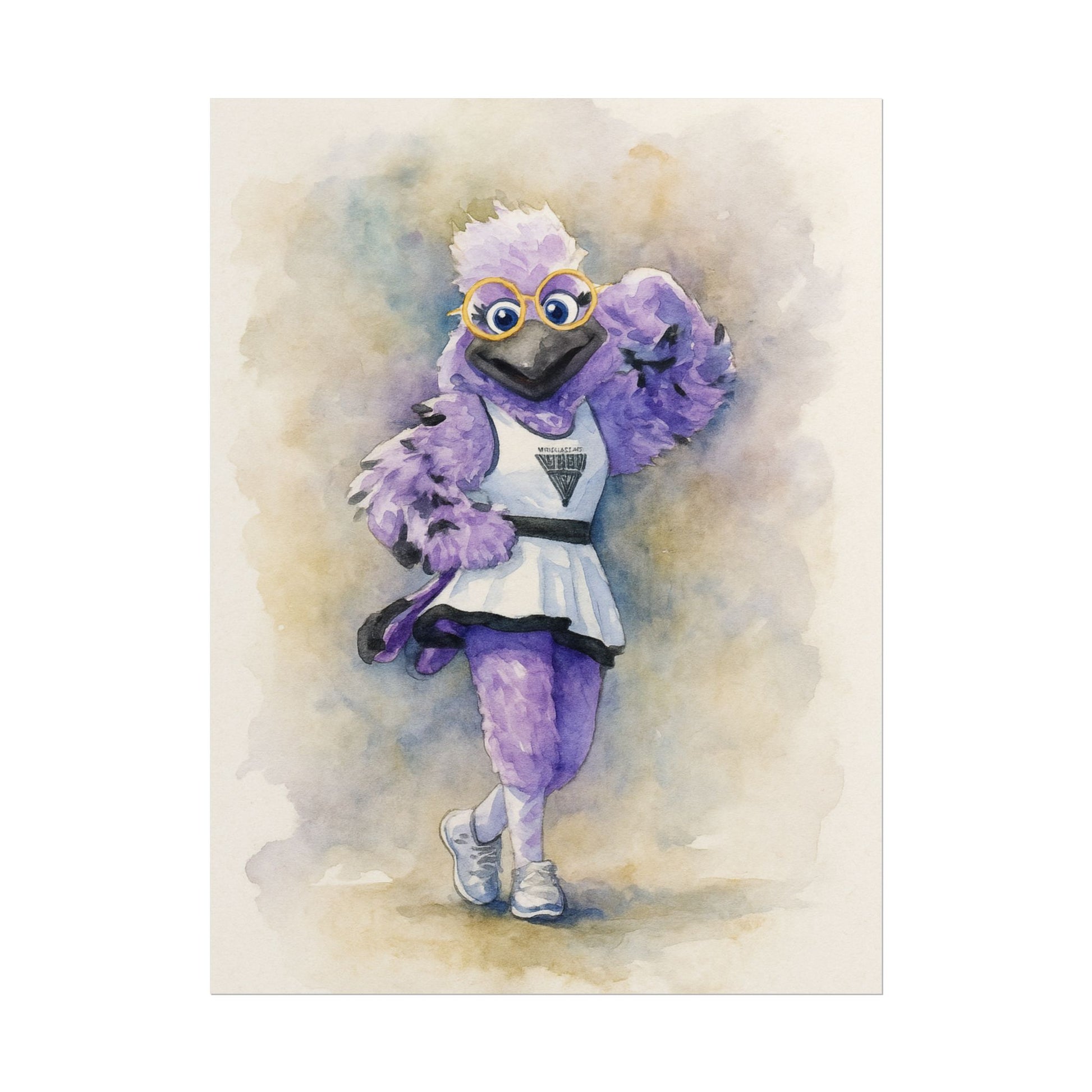 Watercolor illustration of a purple character with glasses on a beige background