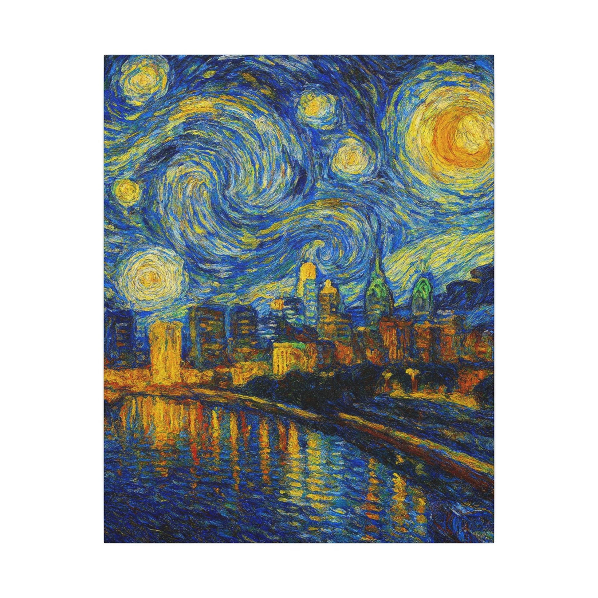 Starry night cityscape with swirling sky and illuminated buildings.