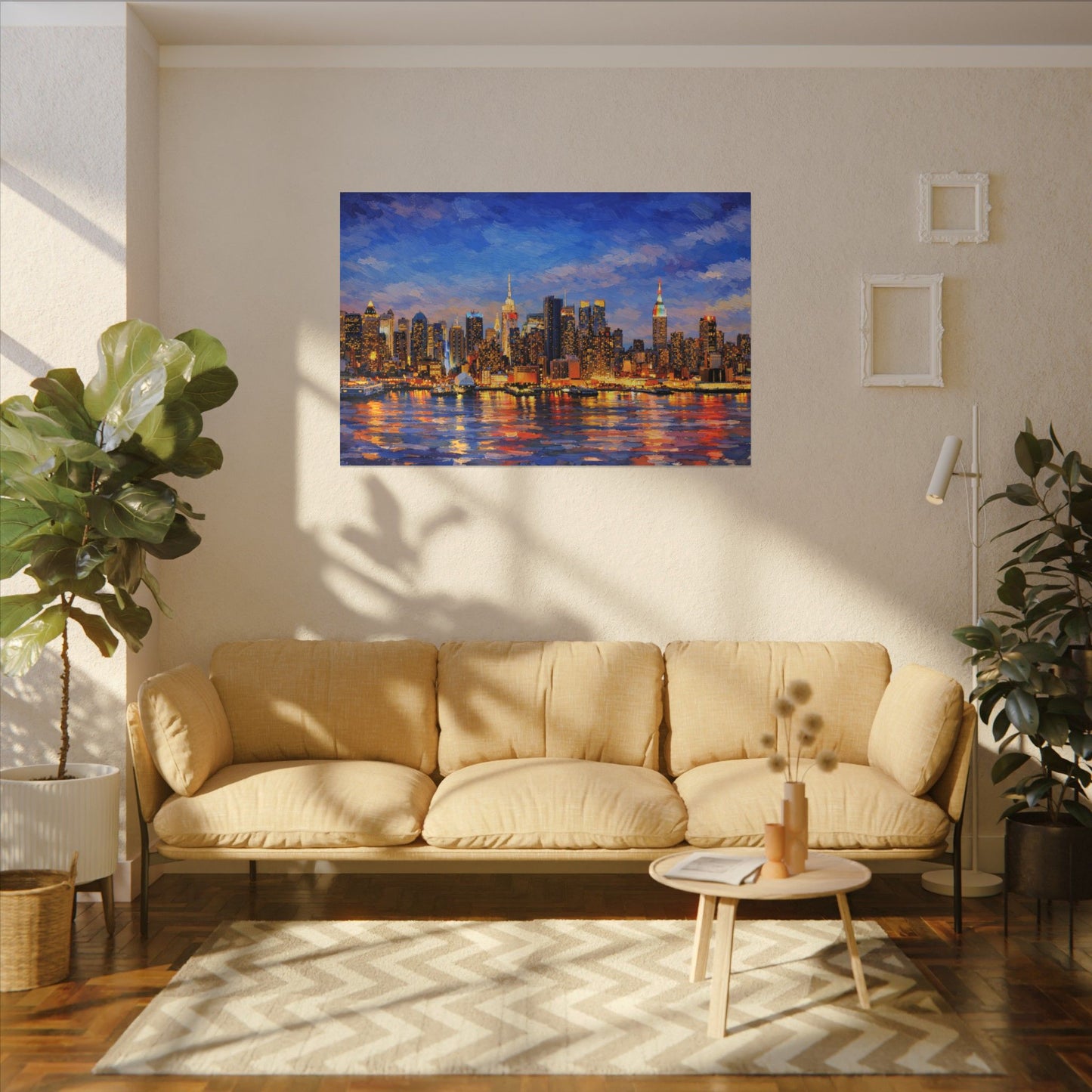 New York City Skyline Canvas Wall Art – Night Waterfront Impasto Cityscape Painting
