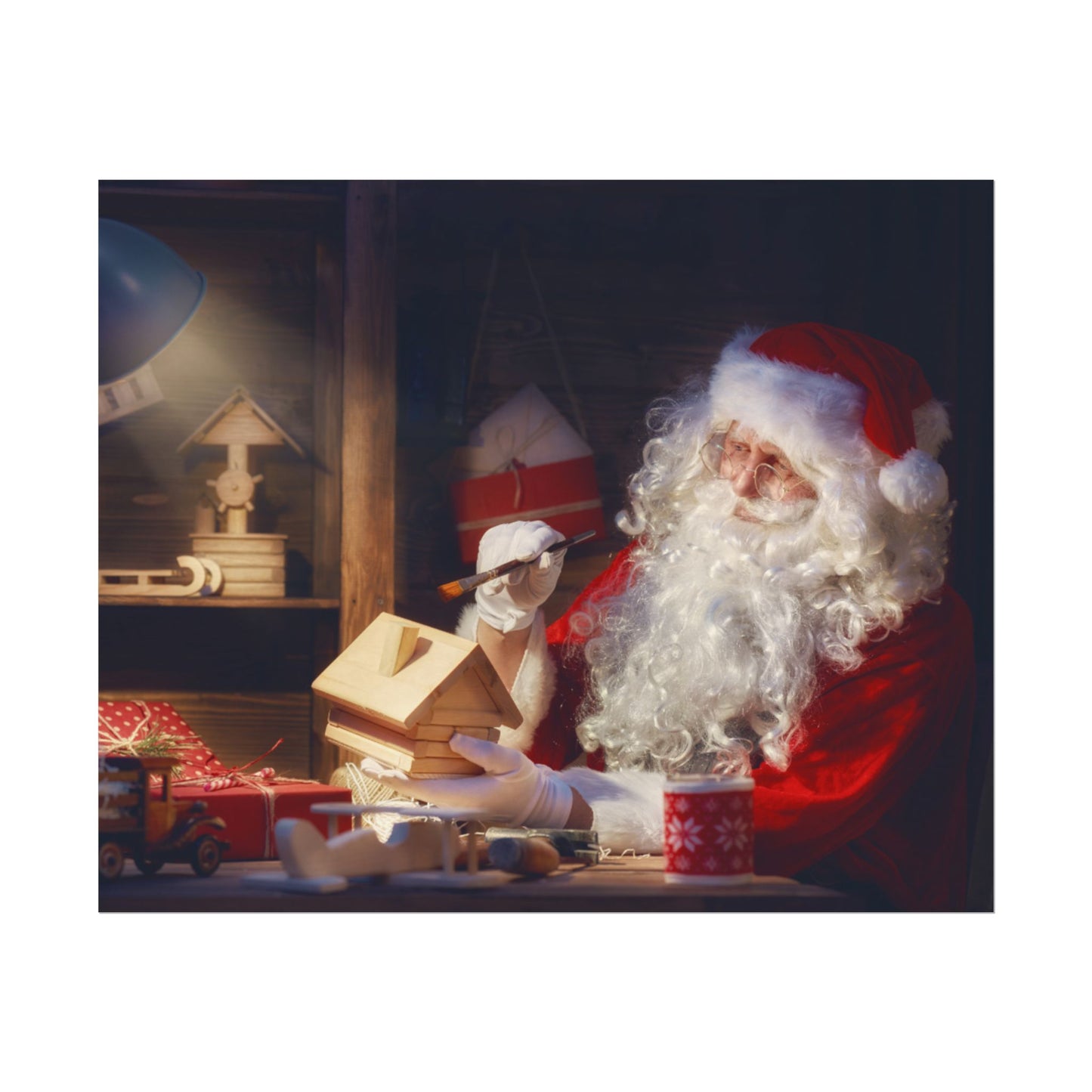 Santa's Workshop Poster, Christmas Wall Art of Santa Making Toys, Vintage Holiday Print, Santa Claus in Toy Shop, Festive Christmas Poster