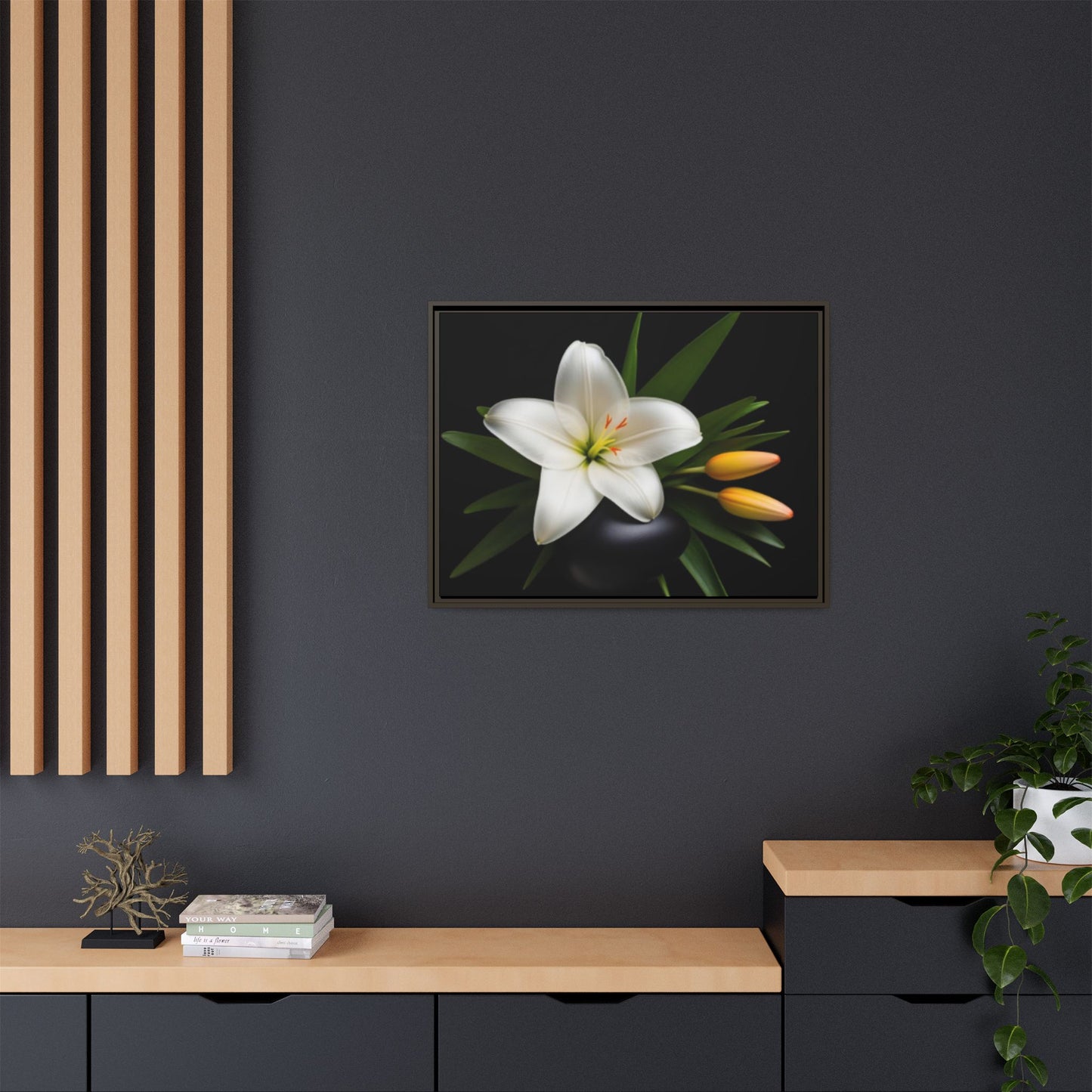 White Lily Wall Art Canvas Print Framed | Elegant Floral Wall Decor for Bedroom, Living Room, Bathroom