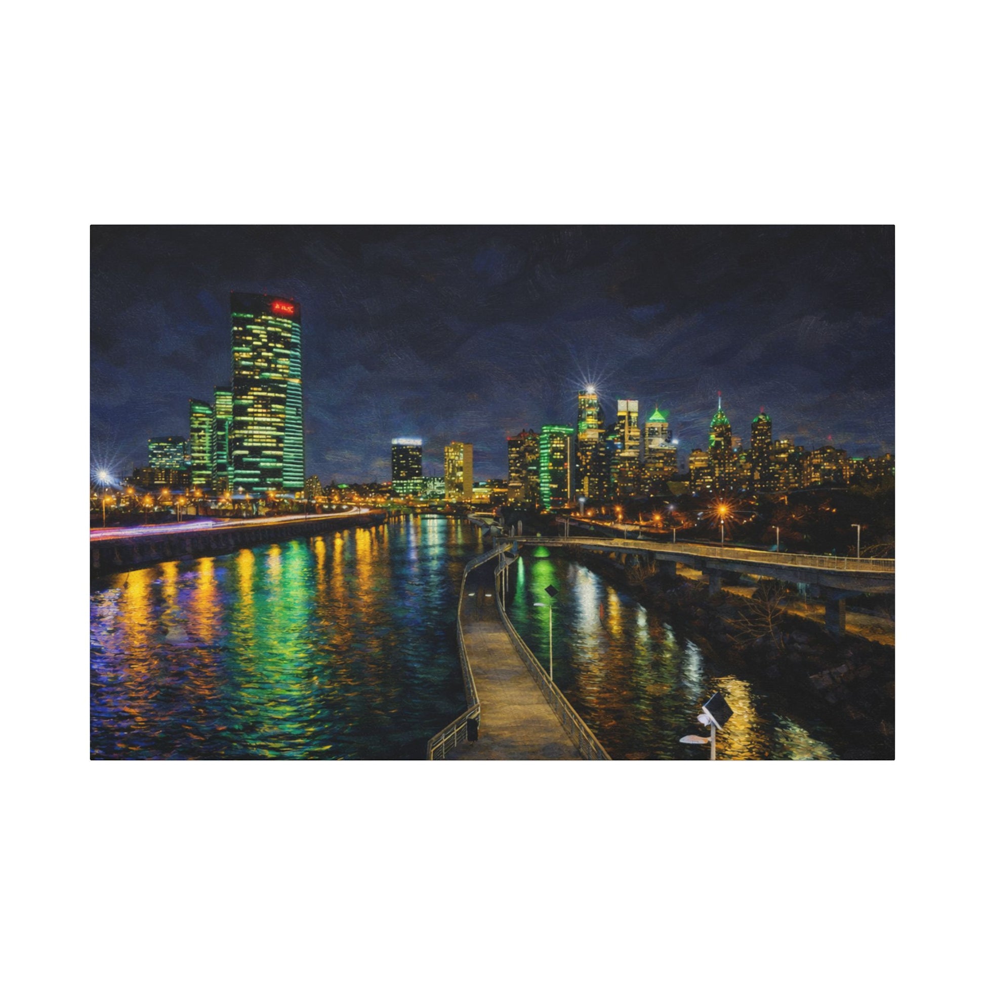 City skyline at night with illuminated buildings reflected in a body of water.