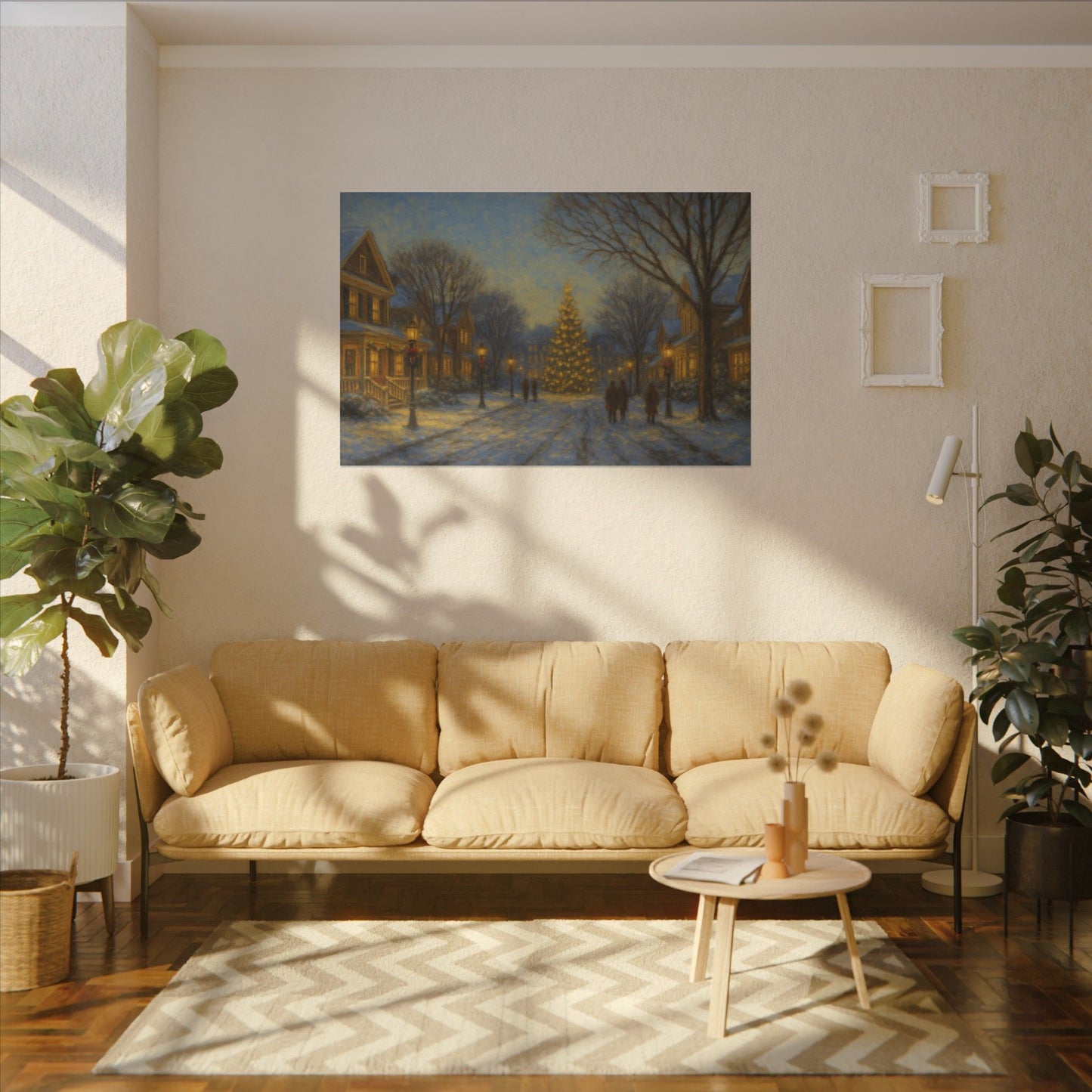 Living room with beige sofa, coffee table, and wall art of a snowy street scene.