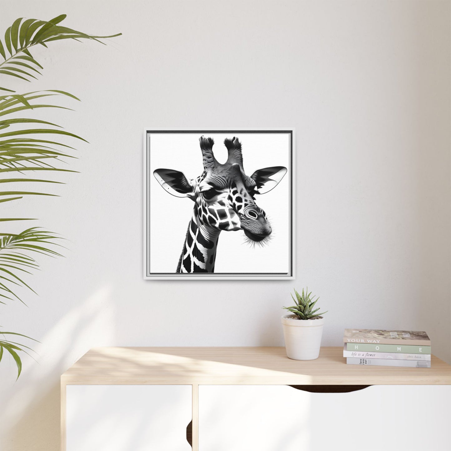Black and White Giraffe Wall Art – Framed Safari Animal Canvas Print
