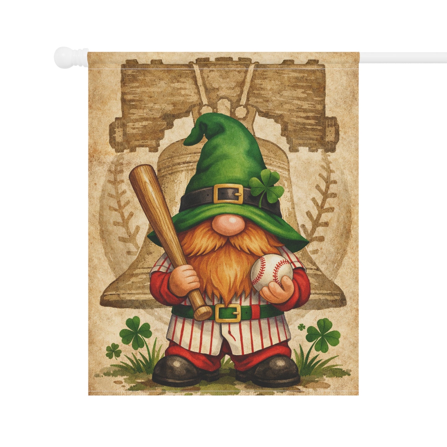 St Patrick’s Day Gnome Garden Flag – Irish Baseball Gnome with Liberty Bell & Shamrocks | Green Outdoor Decor