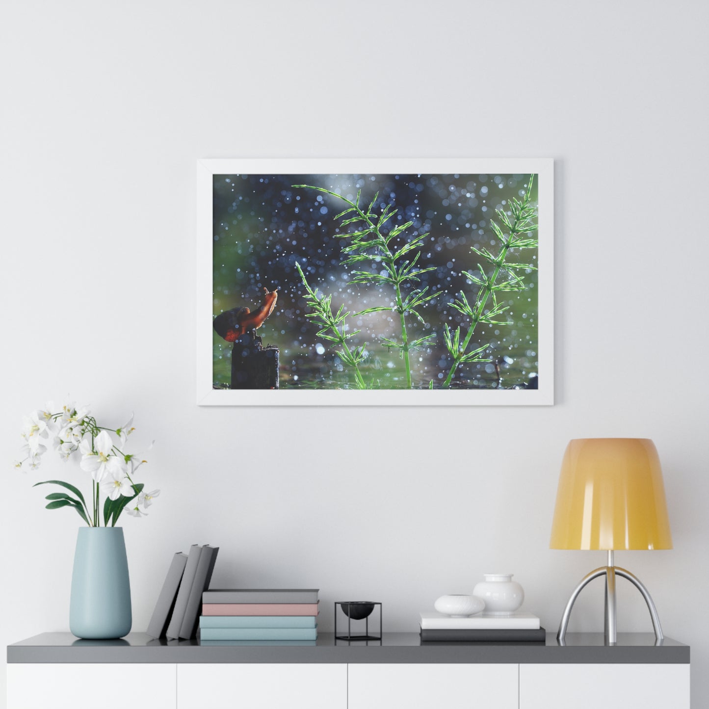 Snail Nature Wall Art – Rain Macro Botanical Print, Zen Forest Decor, Moody Nature, Calm Mindfulness Wall Art