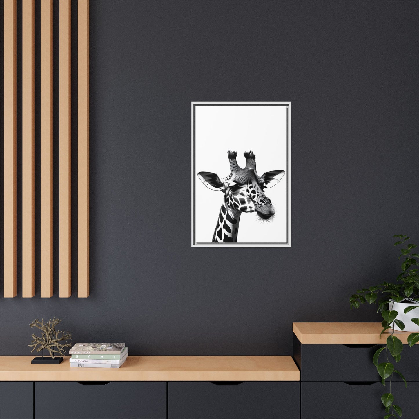 Black and White Giraffe Wall Art – Framed Safari Animal Canvas Print
