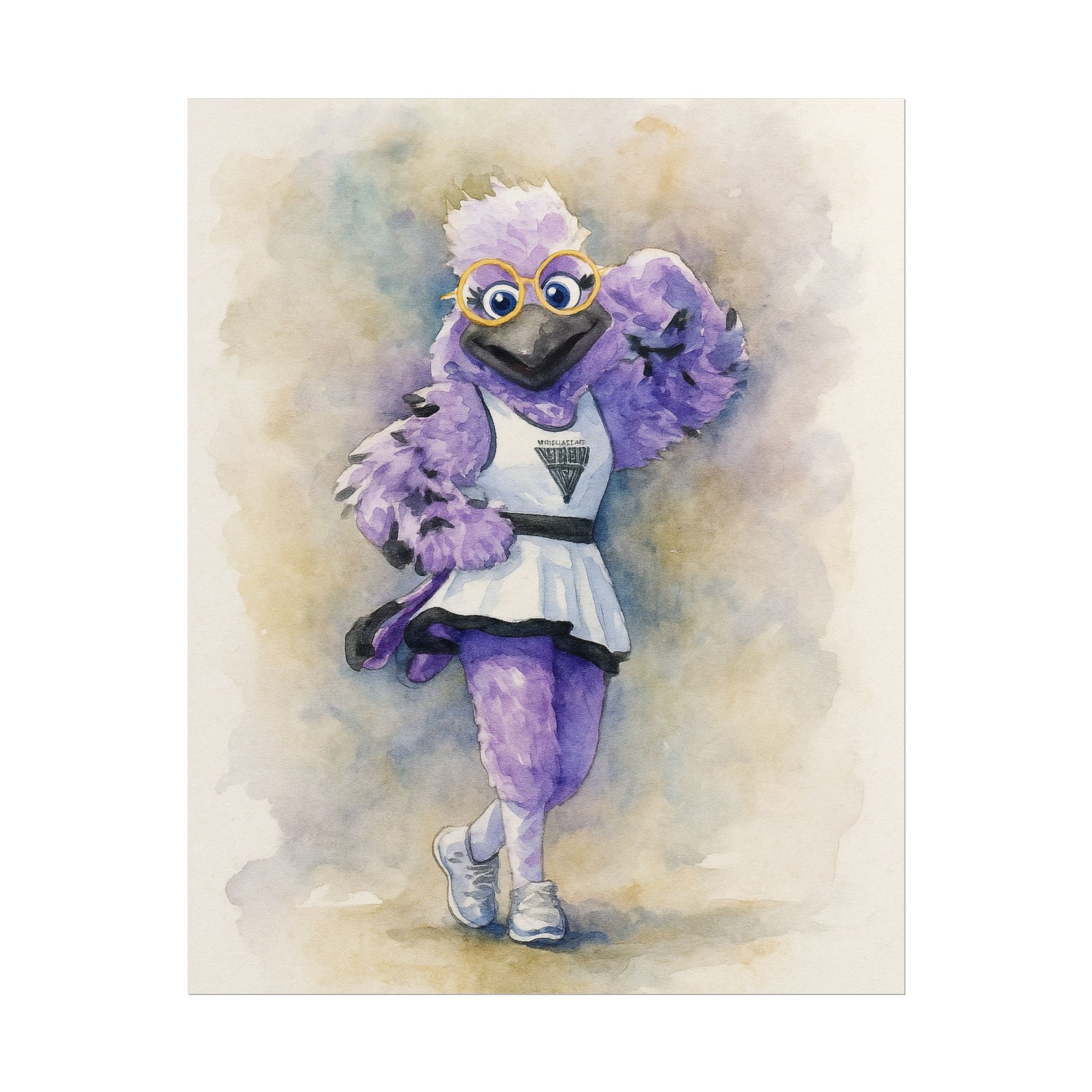 Violet Raven  mascot with glasses and a white outfit on a watercolor background