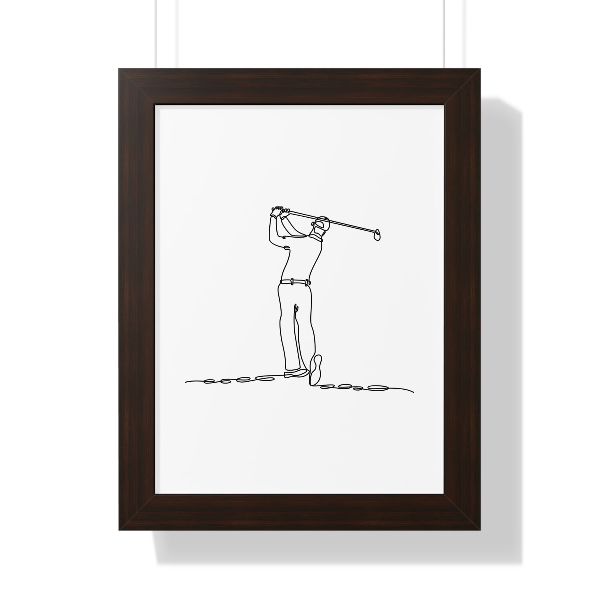 Framed line drawing of a golfer on a white background