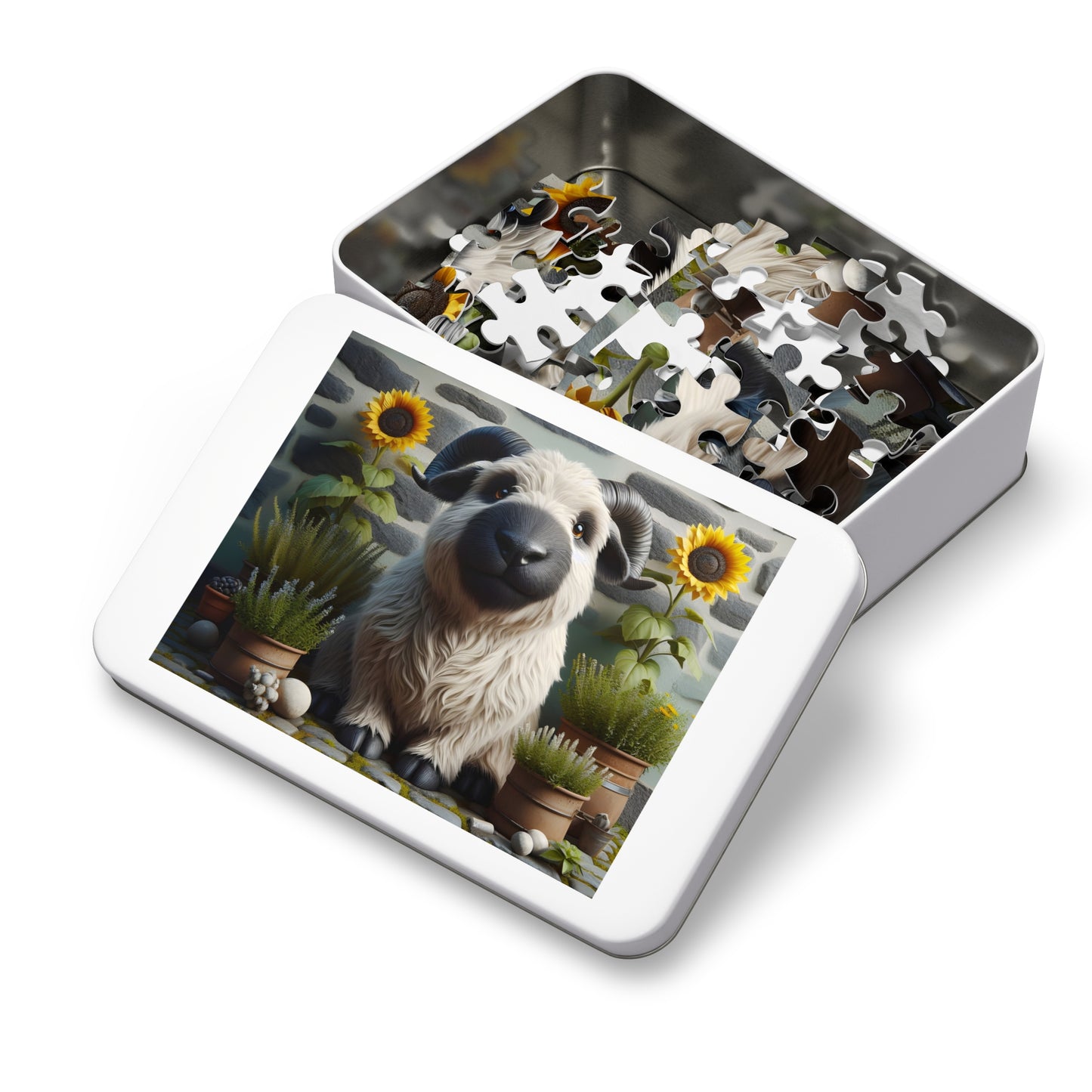 Jigsaw puzzle set with a sloth and sunflower design in a metal tin.