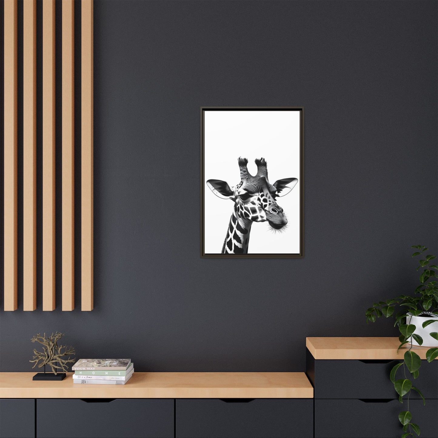 Black and White Giraffe Wall Art – Framed Safari Animal Canvas Print