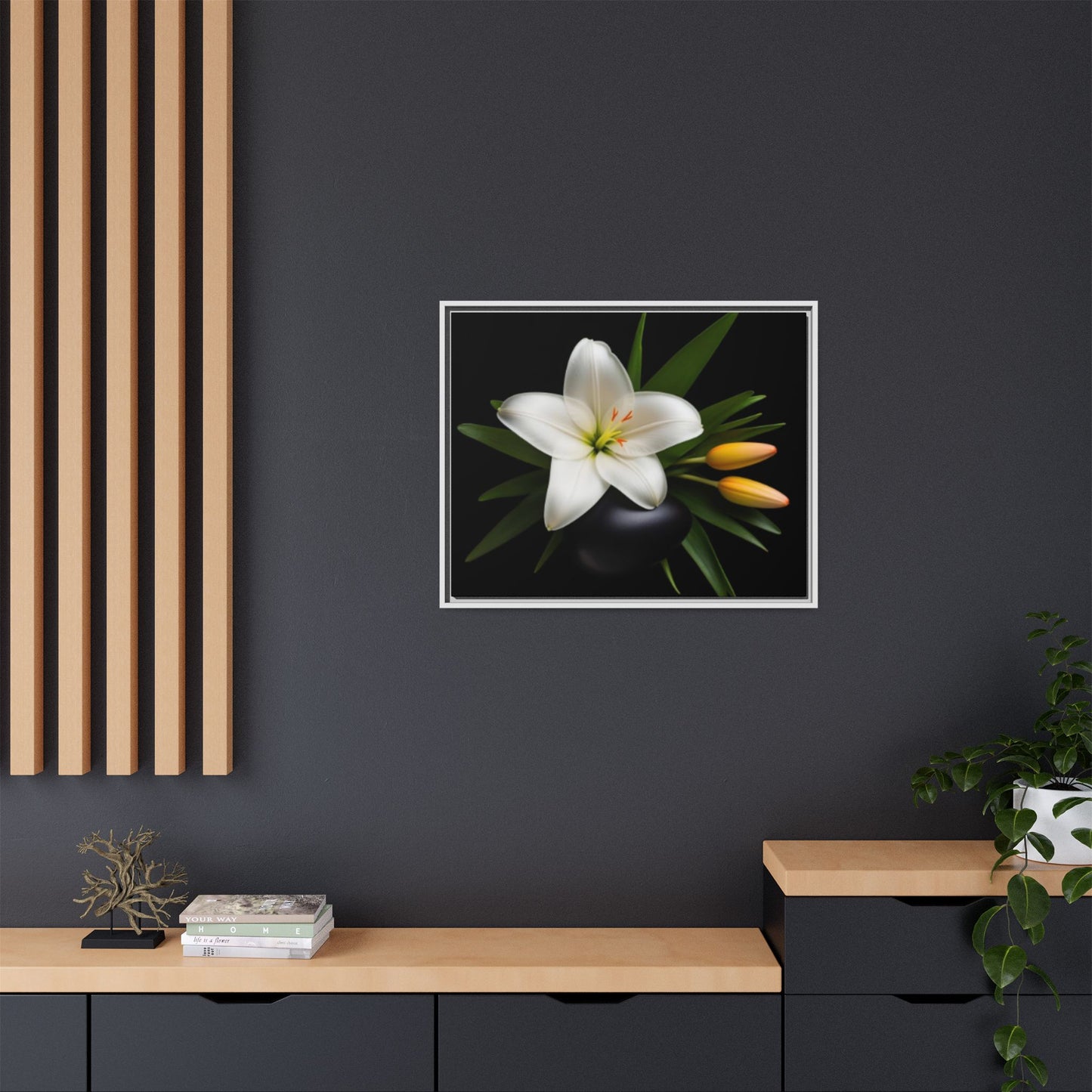 White Lily Wall Art Canvas Print Framed | Elegant Floral Wall Decor for Bedroom, Living Room, Bathroom