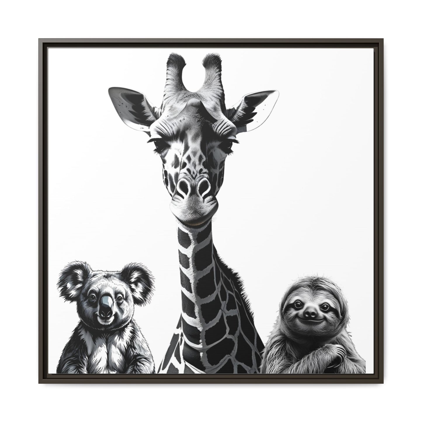 Framed artwork of a giraffe, koala, and sloth together.