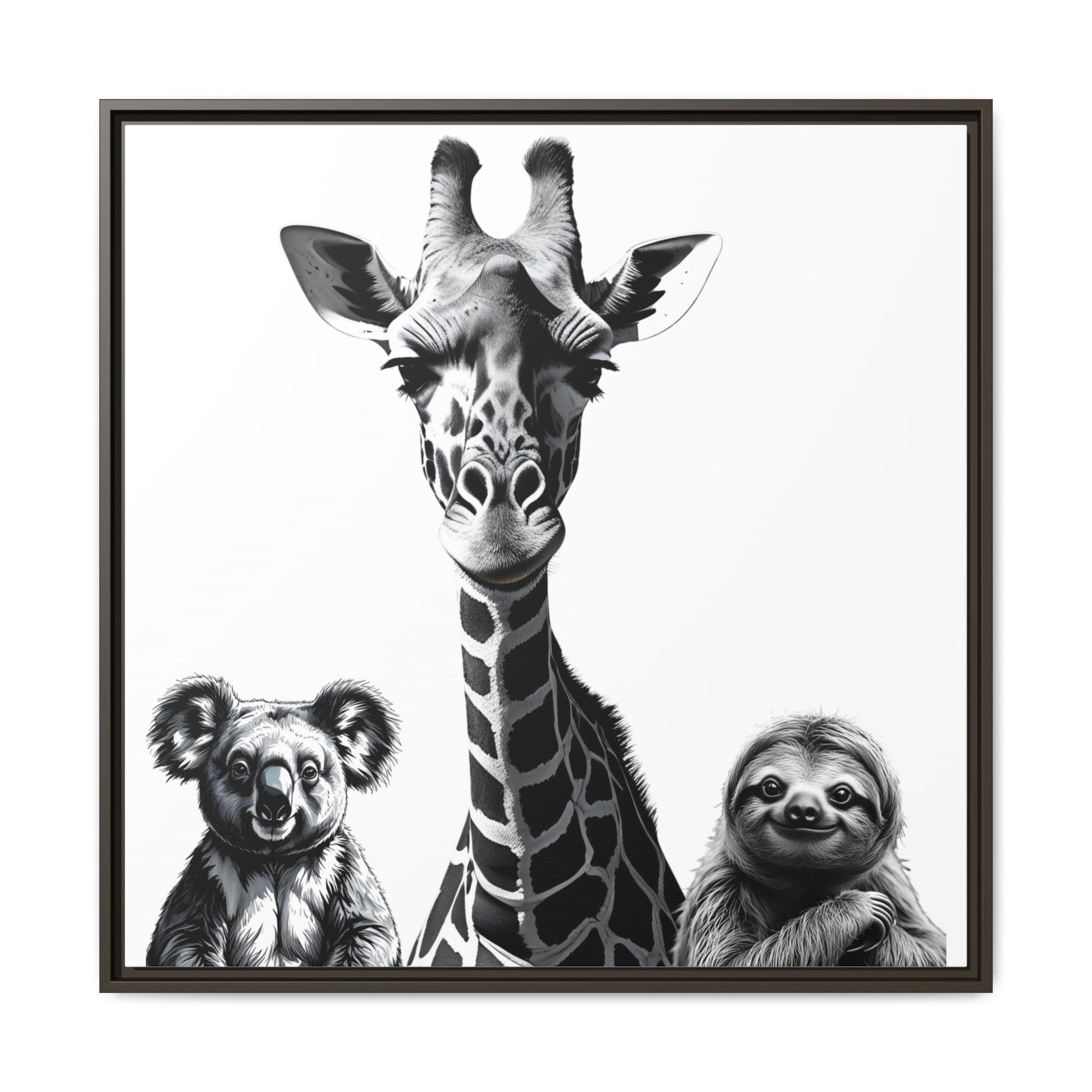 Framed artwork of a giraffe, koala, and sloth together.