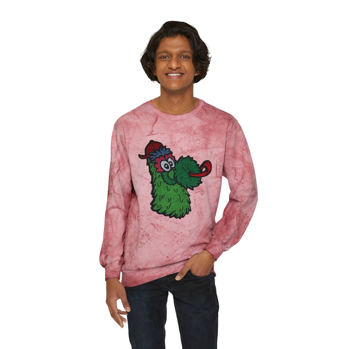 Person wearing a pink sweatshirt with a cartoon character on a white background